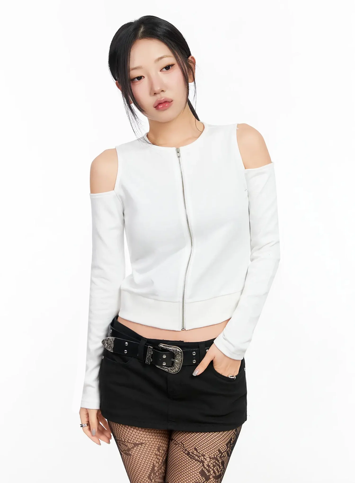 Chic Shoulder Cut-Out Zip-Up Top IA507 - Image 2