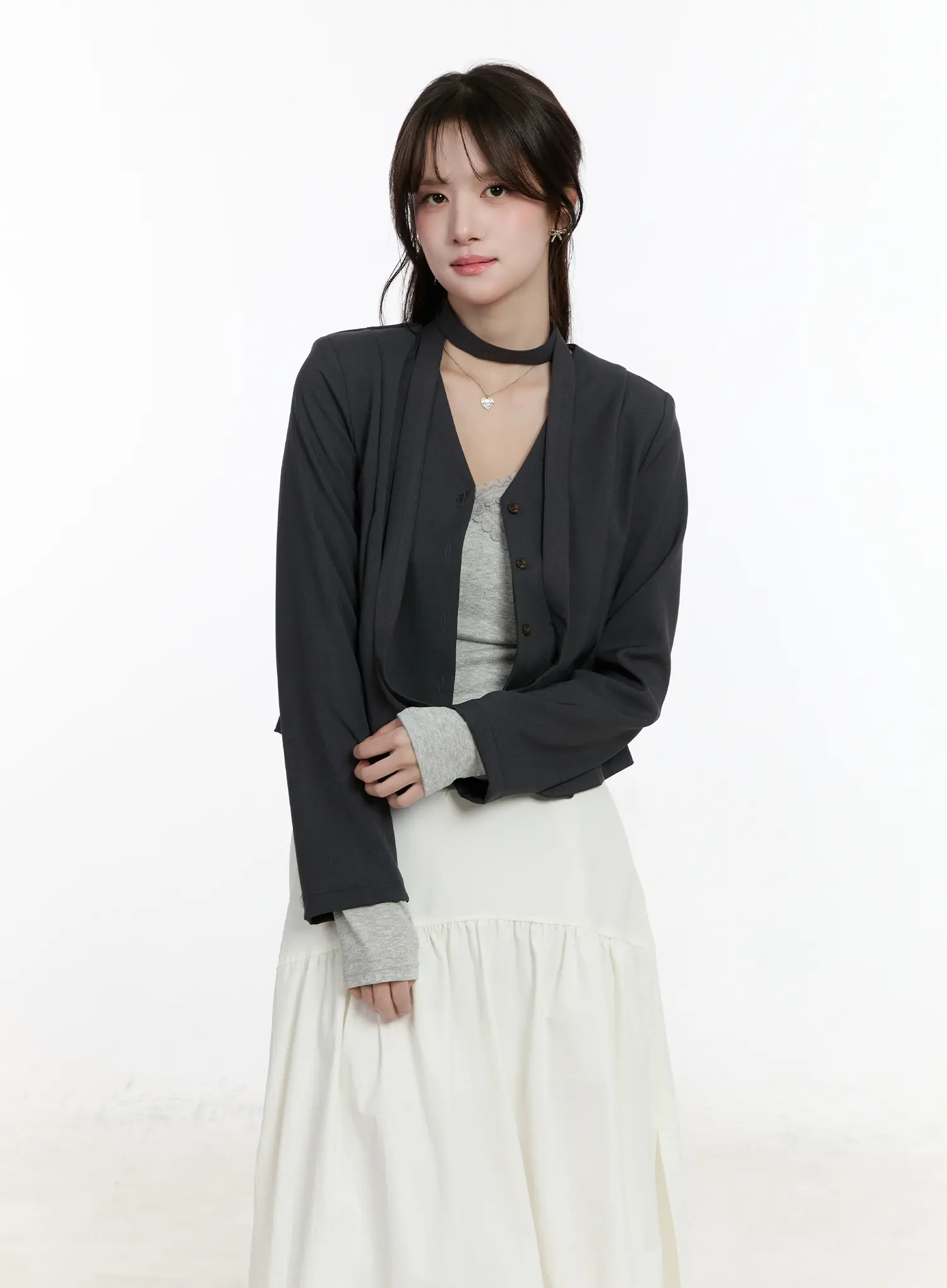 Chic U-Neck Crop Jacket with Scarf CM505 - Image 2