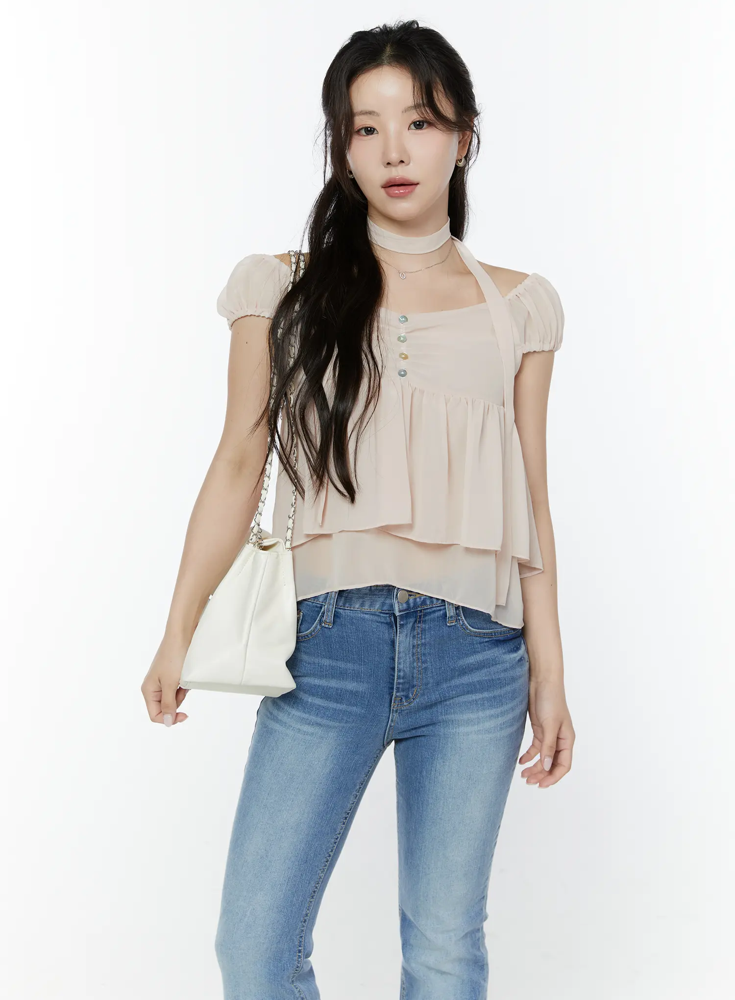Chiffon Layered Blouse And Skinny Scarf Set IY511