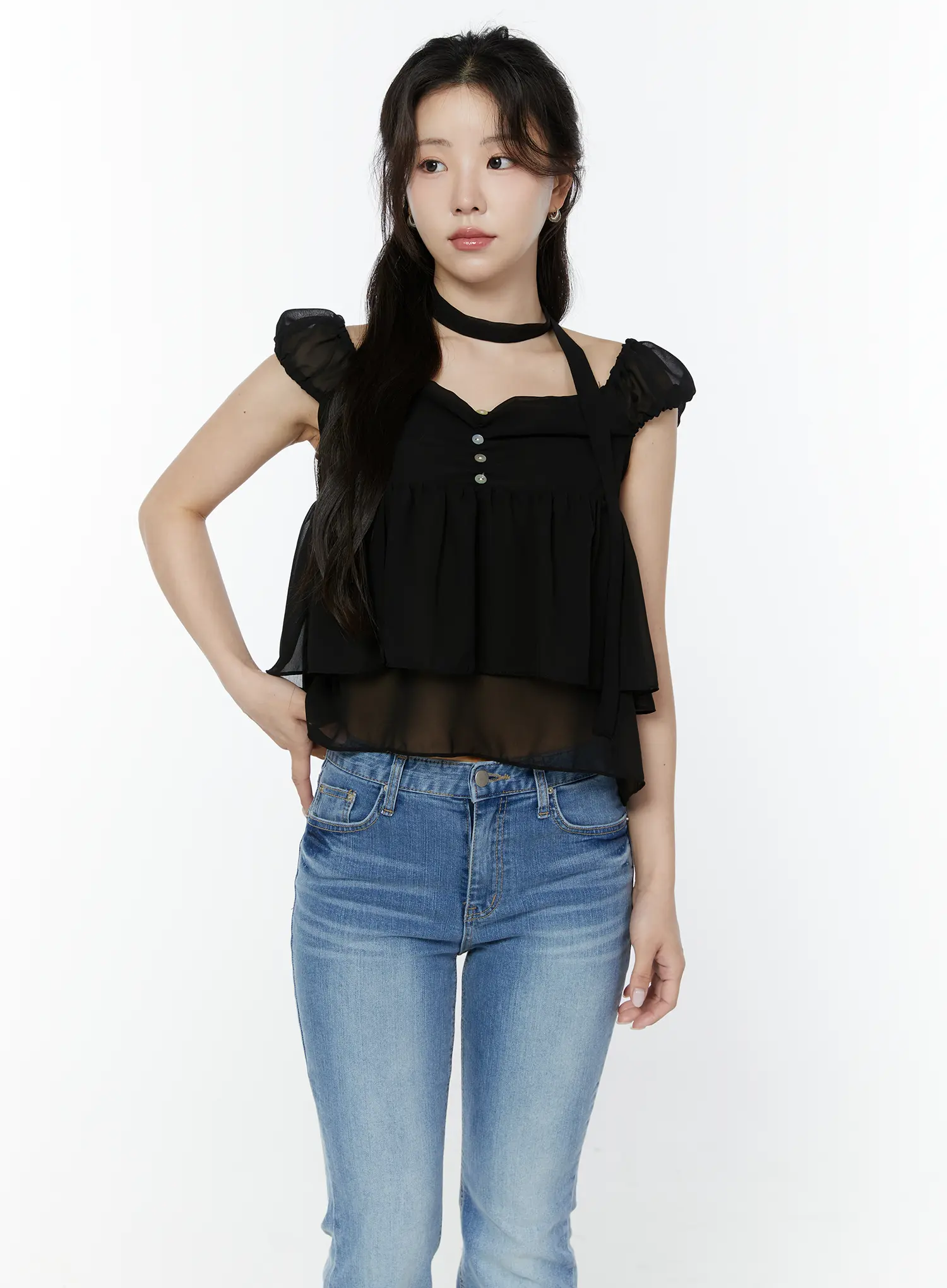 Chiffon Layered Blouse And Skinny Scarf Set IY511 - Image 14