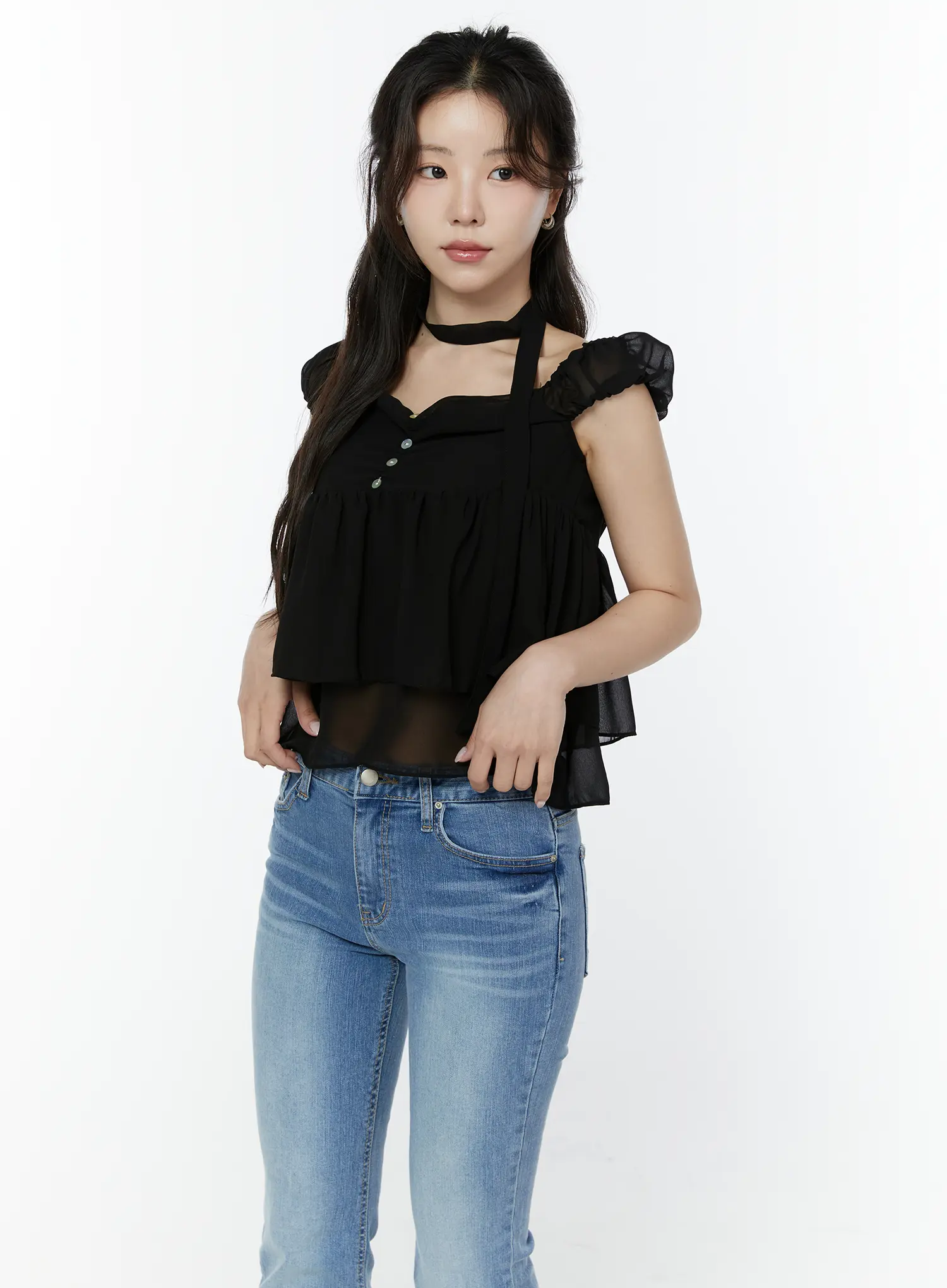Chiffon Layered Blouse And Skinny Scarf Set IY511 - Image 2