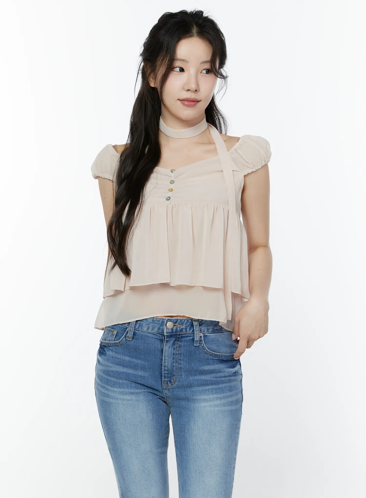 Chiffon Layered Blouse And Skinny Scarf Set IY511 - Image 3