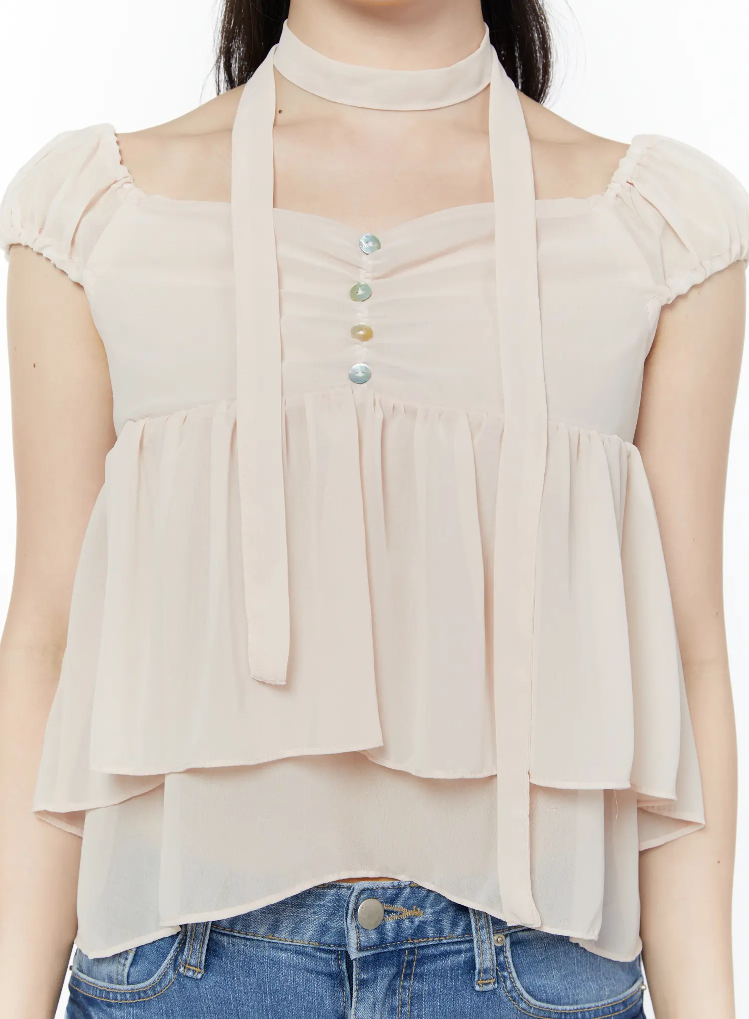 Chiffon Layered Blouse And Skinny Scarf Set IY511 - Image 4