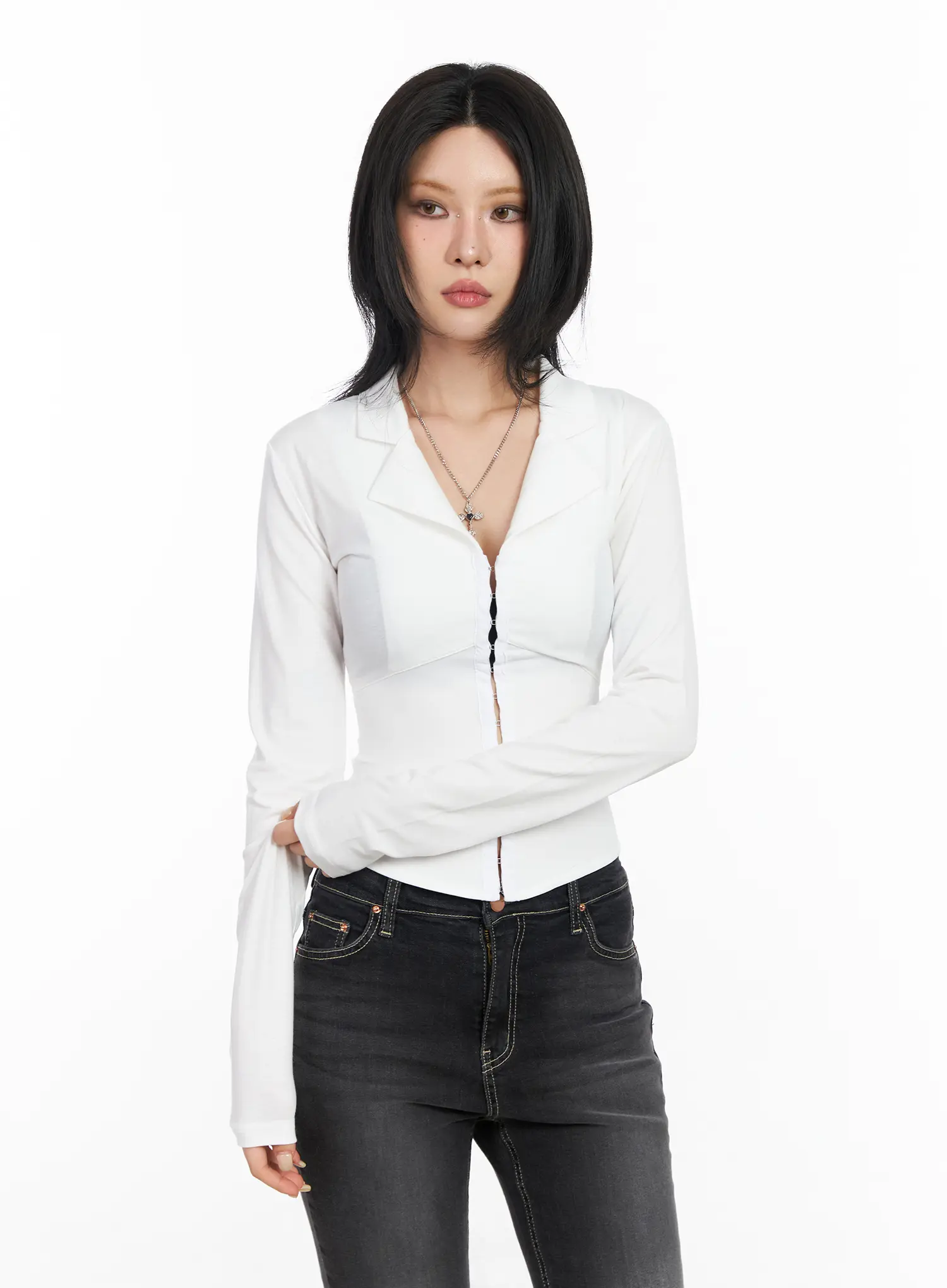 Collared Corset Button Long Sleeve Top CF527 - Image 2