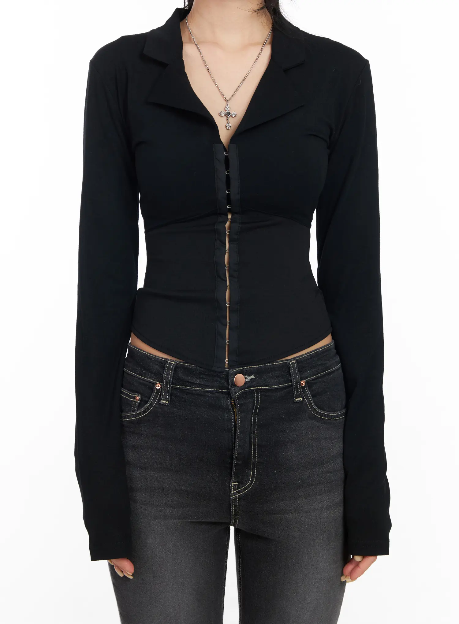 Collared Corset Button Long Sleeve Top CF527 - Image 4