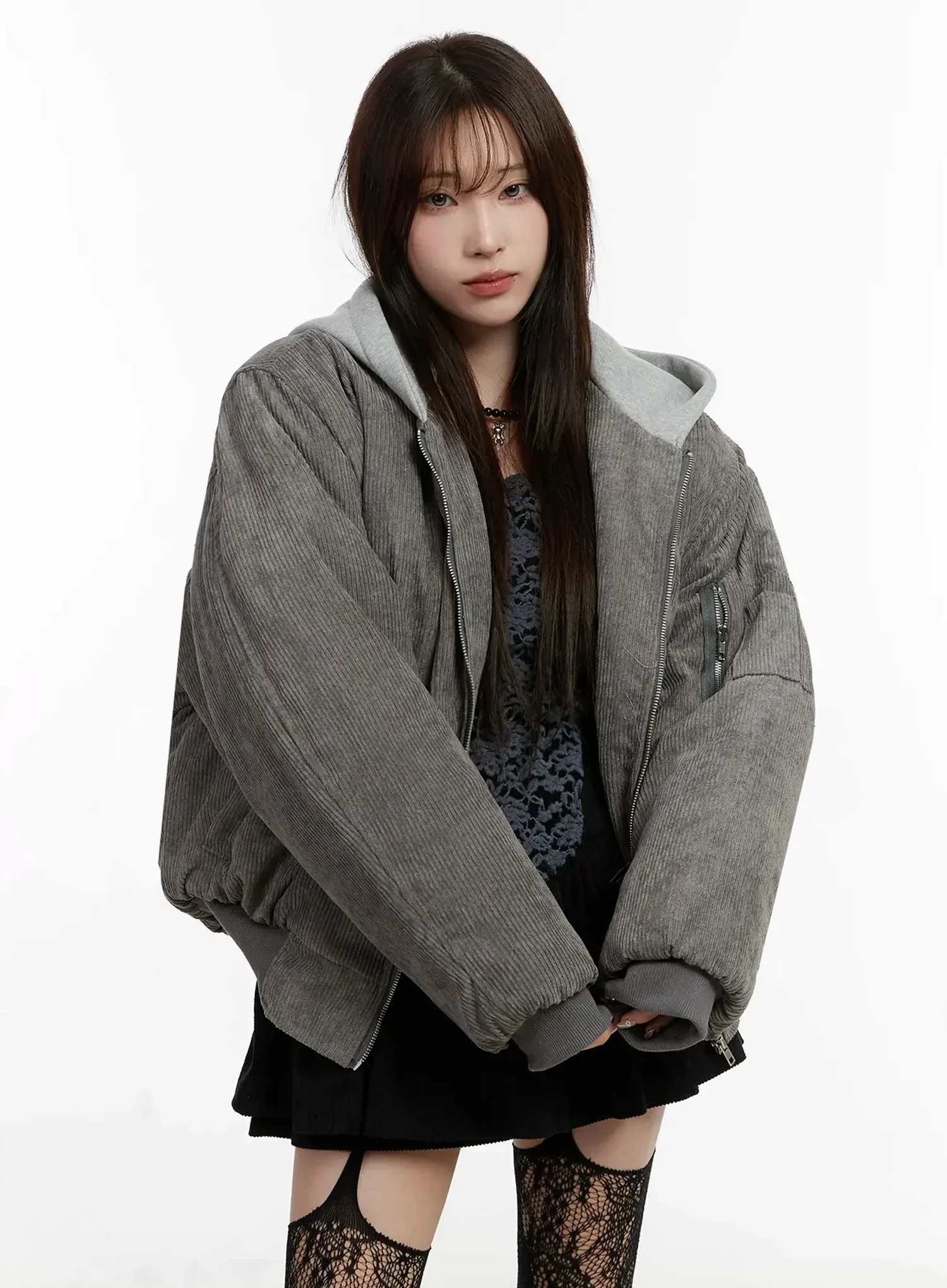 Corduroy Hooded Bomber Jacket IJ521 - Image 2