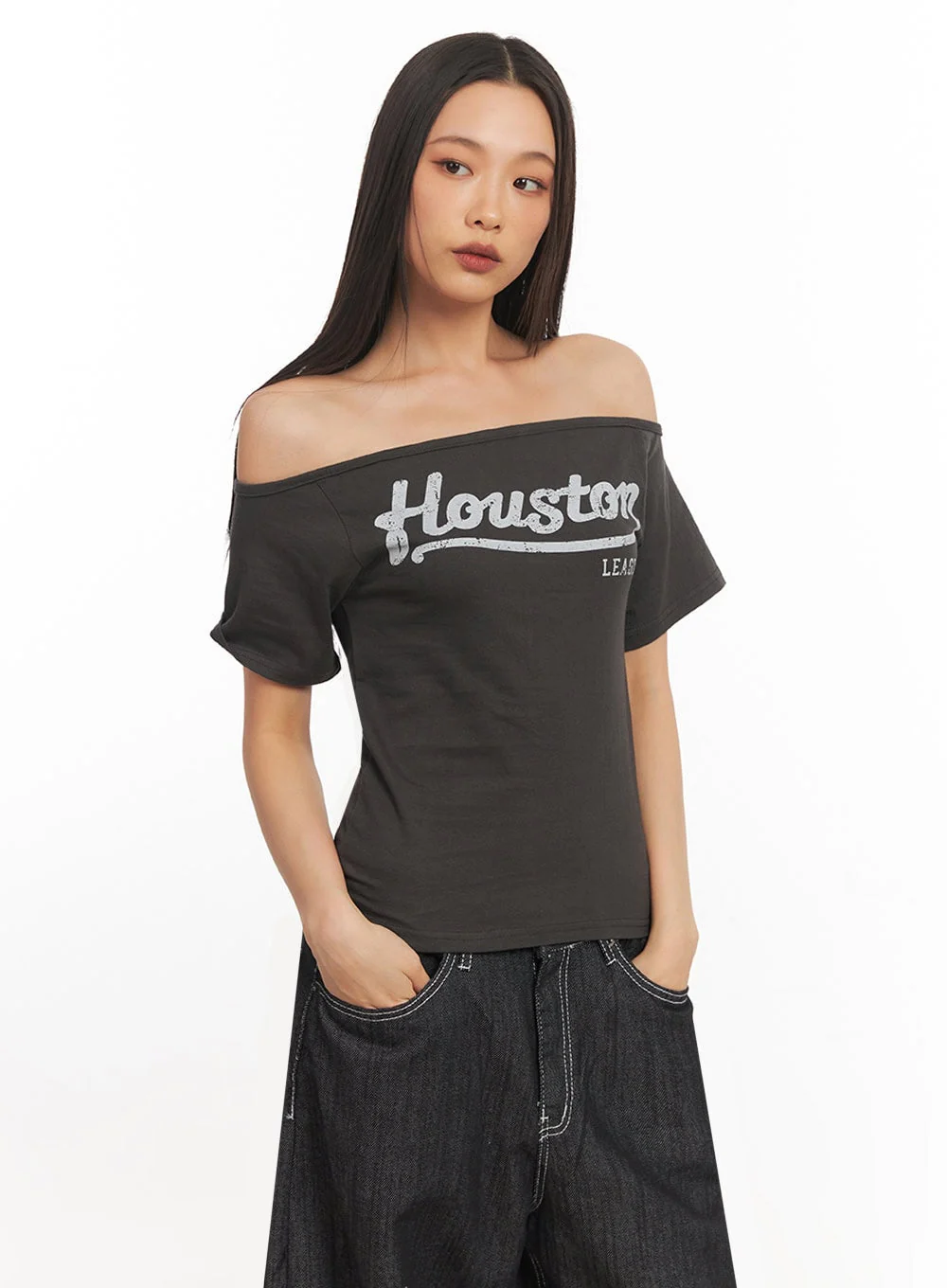 Cotton Graphic Off-Shoulder T-Shirt IA507 - Image 2