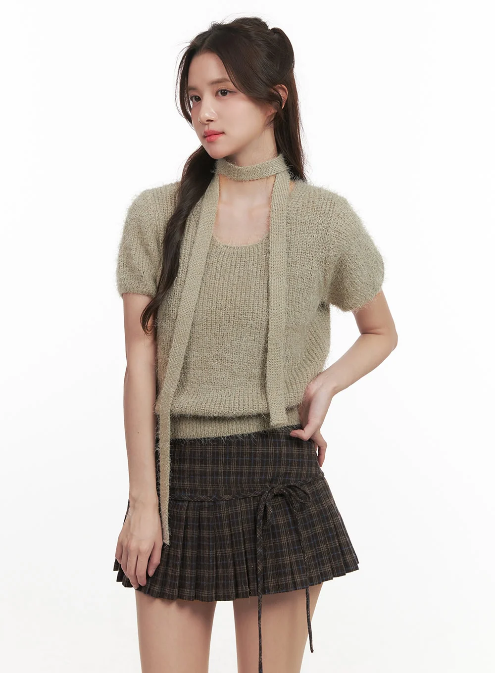 Cozy Knit Short-Sleeve Sweater with Scarf CJ514 - Image 10