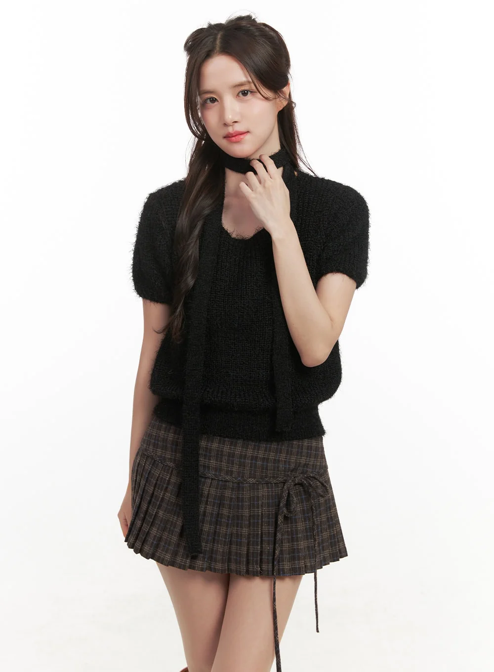 Cozy Knit Short-Sleeve Sweater with Scarf CJ514 - Image 11