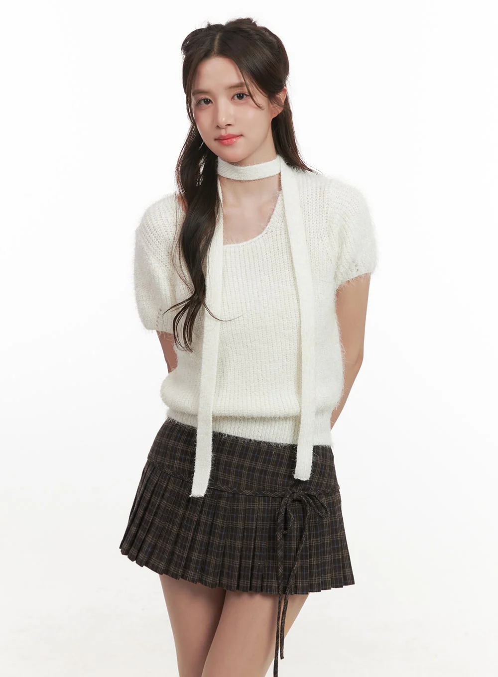 Cozy Knit Short-Sleeve Sweater with Scarf CJ514 - Image 3