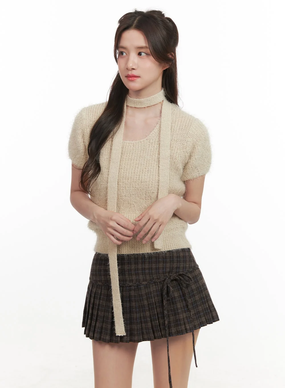Cozy Knit Short-Sleeve Sweater with Scarf CJ514 - Image 9