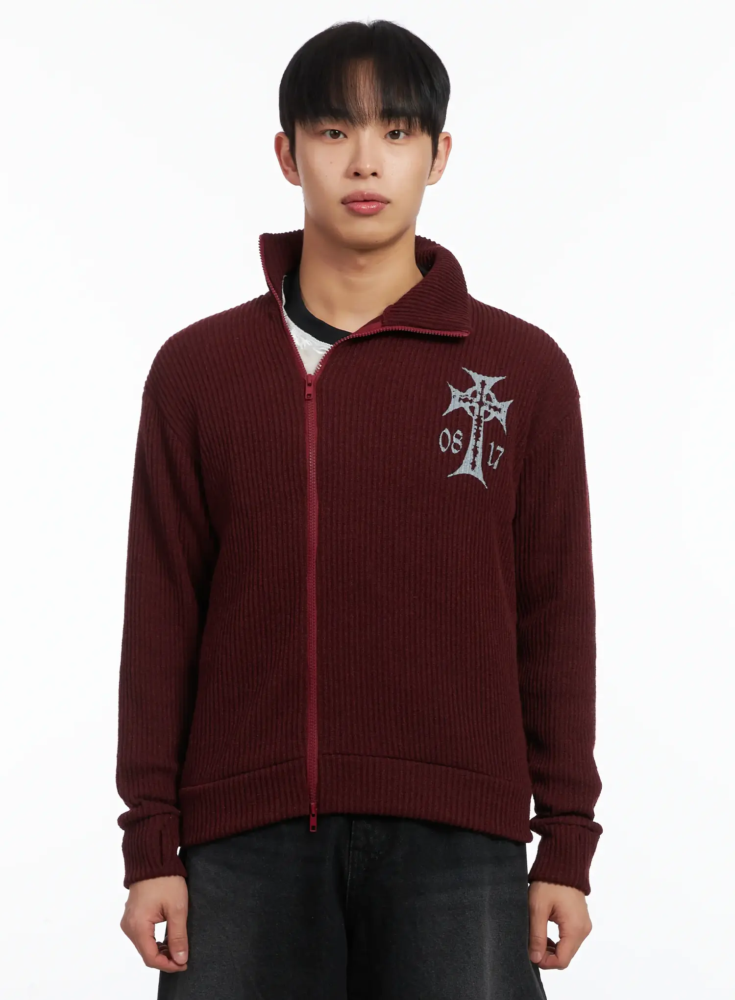 Cross Print High Neck Zip-Up Cardigan ID515 - Image 8