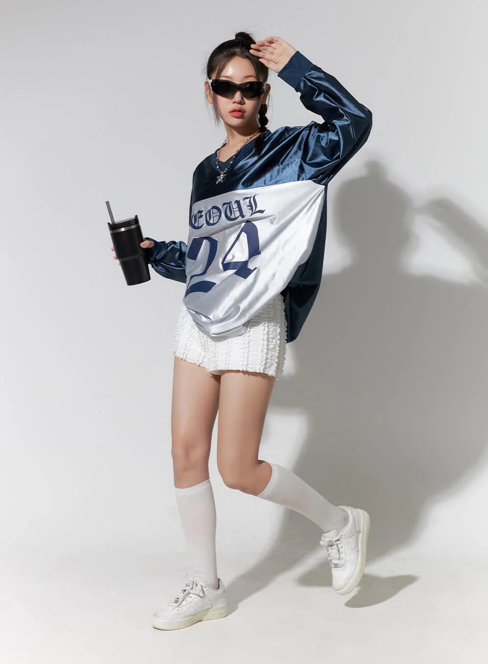 Dark Blue Lettered Poly Sweat V-Neck Hoodie IO409 - Image 6