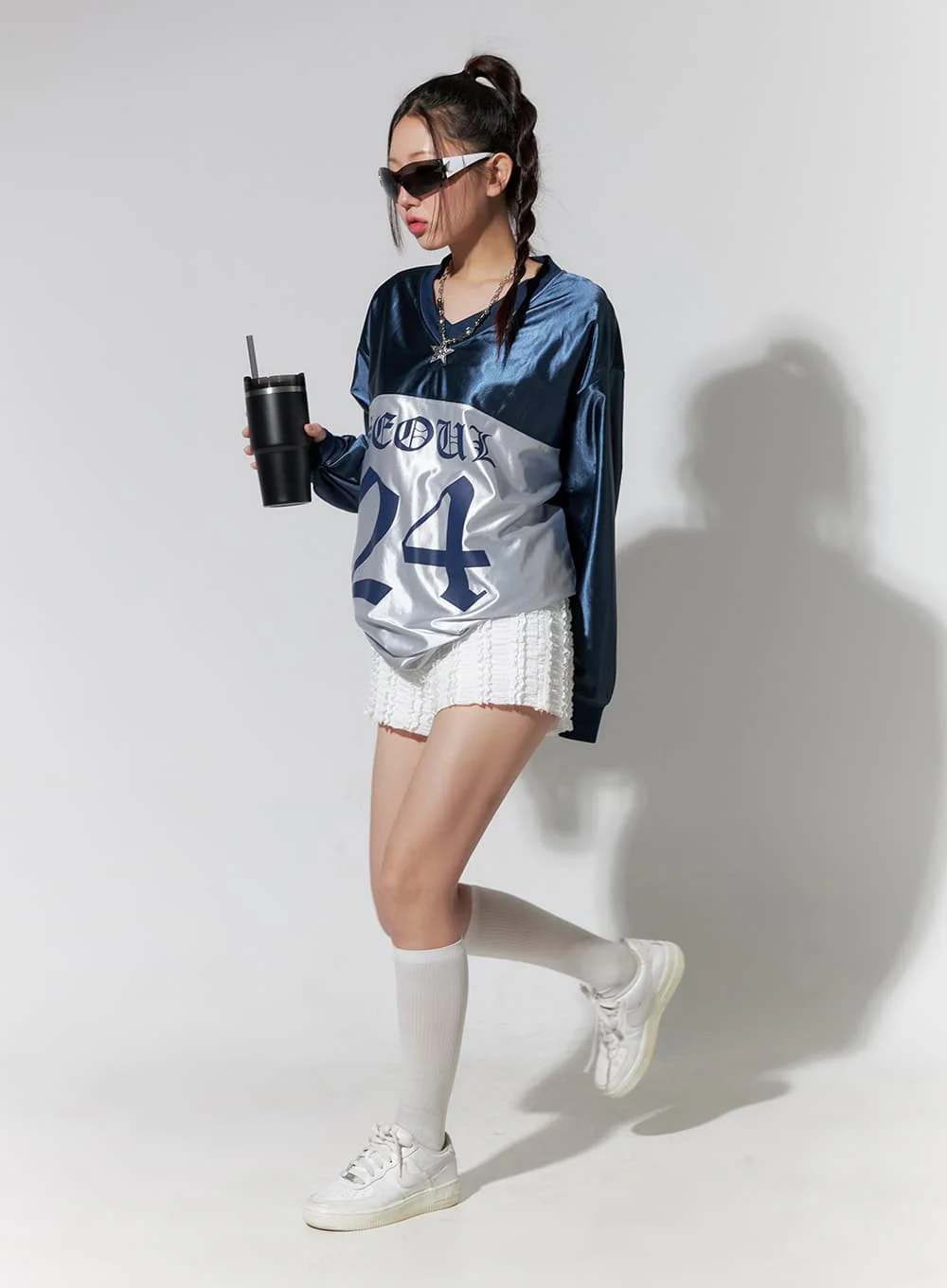 Dark Blue Lettered Poly Sweat V-Neck Hoodie IO409 - Image 7