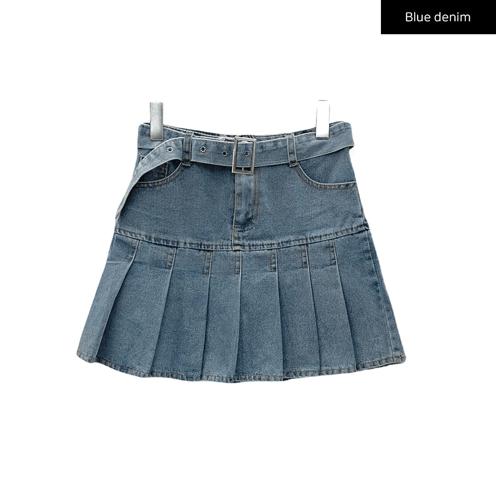 Denim Pleated Mini Skirt - Image 16