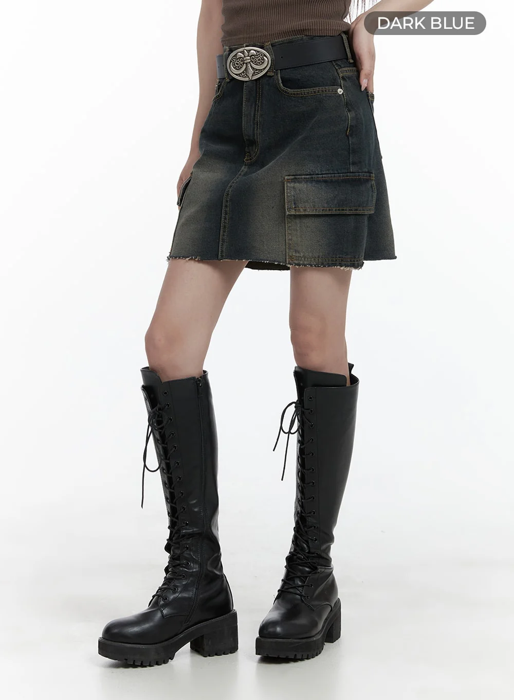 Destroyed Hem Cargo Denim Mini Skirt CA402 - Image 7