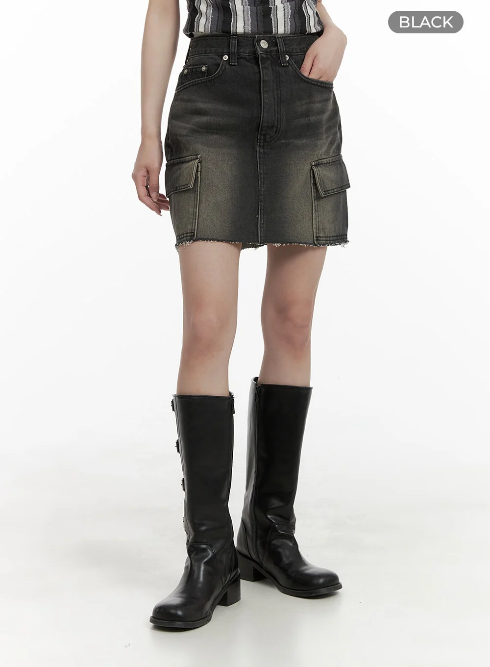 Destroyed Hem Cargo Denim Mini Skirt CA402 - Image 8