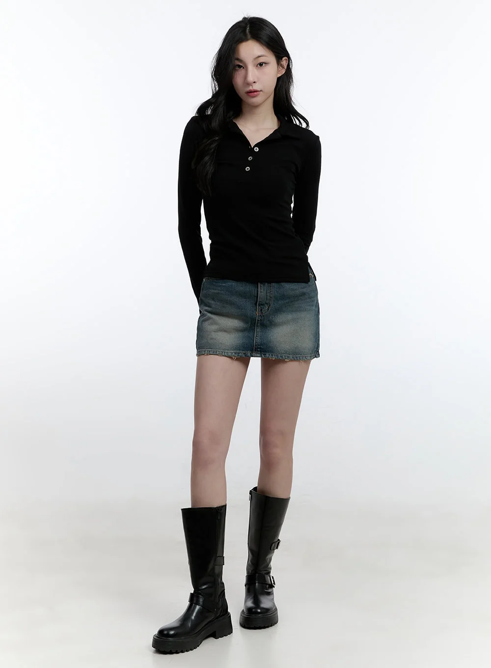 Distressed Hem Denim Mini Skirt CJ521 - Image 2