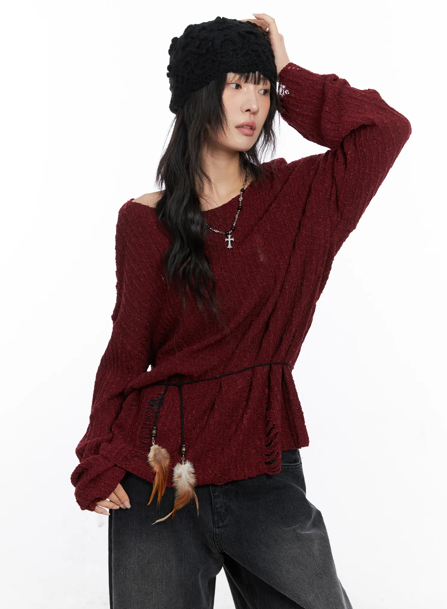 Distressed Off-Shoulder Sweater CC1809