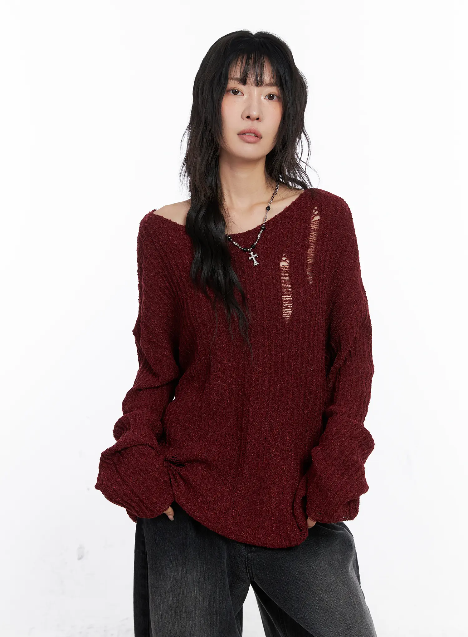 Distressed Off-Shoulder Sweater CC1809 - Image 2