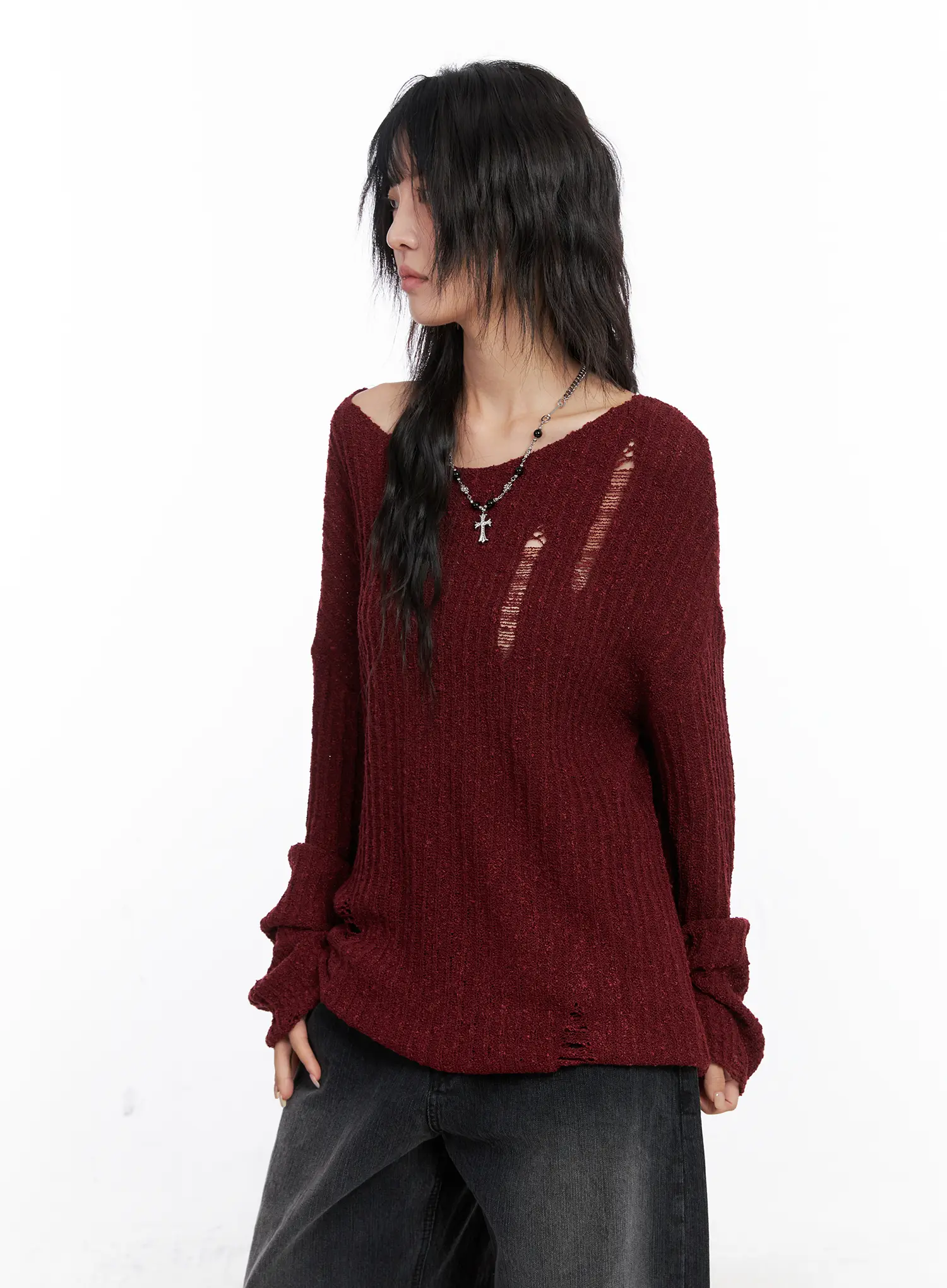 Distressed Off-Shoulder Sweater CC1809 - Image 5