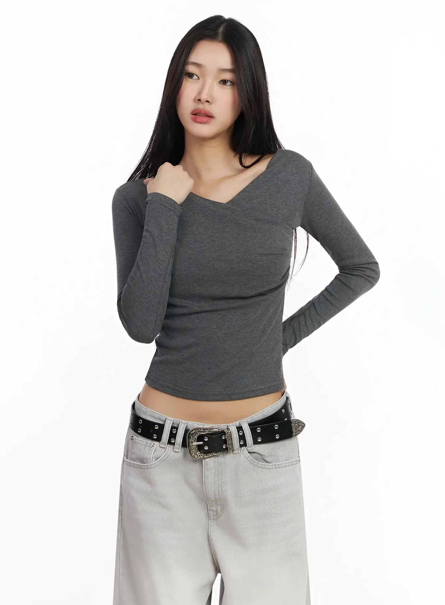 Draped V-Neck Long Sleeve Top IA508 - Image 2