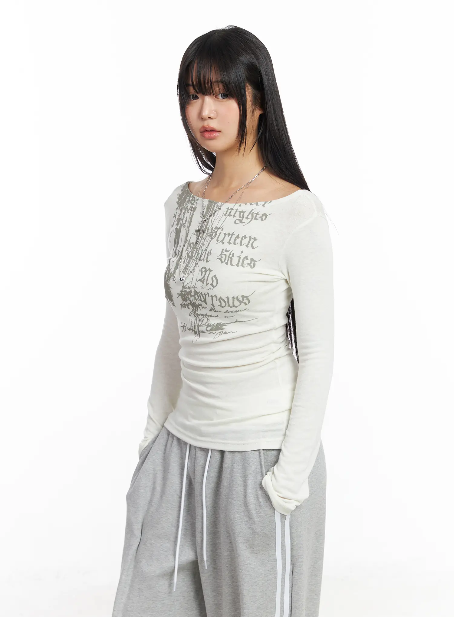 Edgy Boat Neck Graphic Long Sleeve Tee CF506 - Image 13