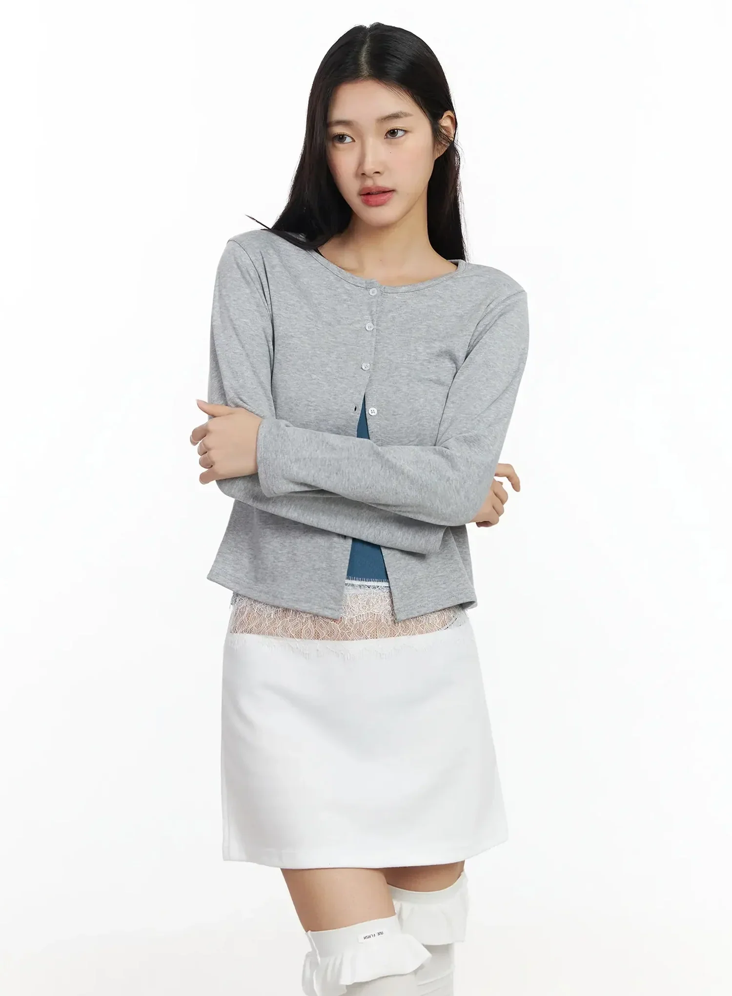 Elegant Round Neck Lace Trim Cardigan IM530 - Image 13