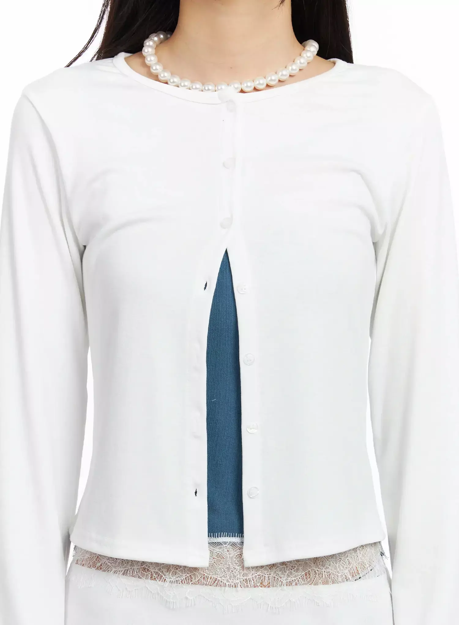 Elegant Round Neck Lace Trim Cardigan IM530 - Image 3
