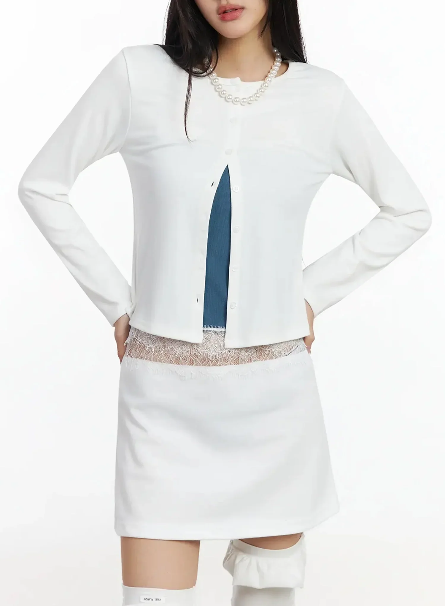 Elegant Round Neck Lace Trim Cardigan IM530 - Image 6