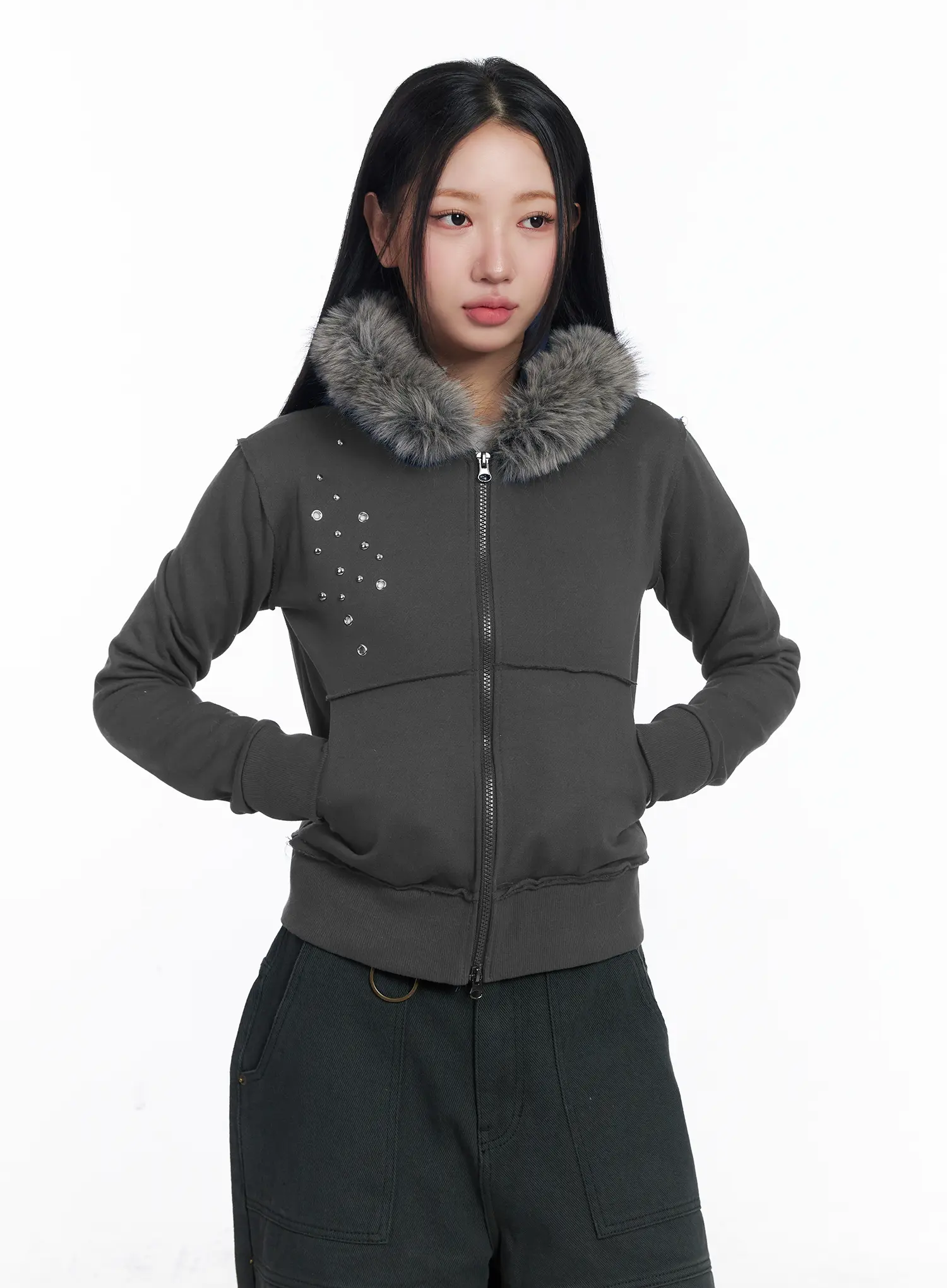 Faux Fur Fleece Eyelet Crop Hoodie CJ514 - Image 10