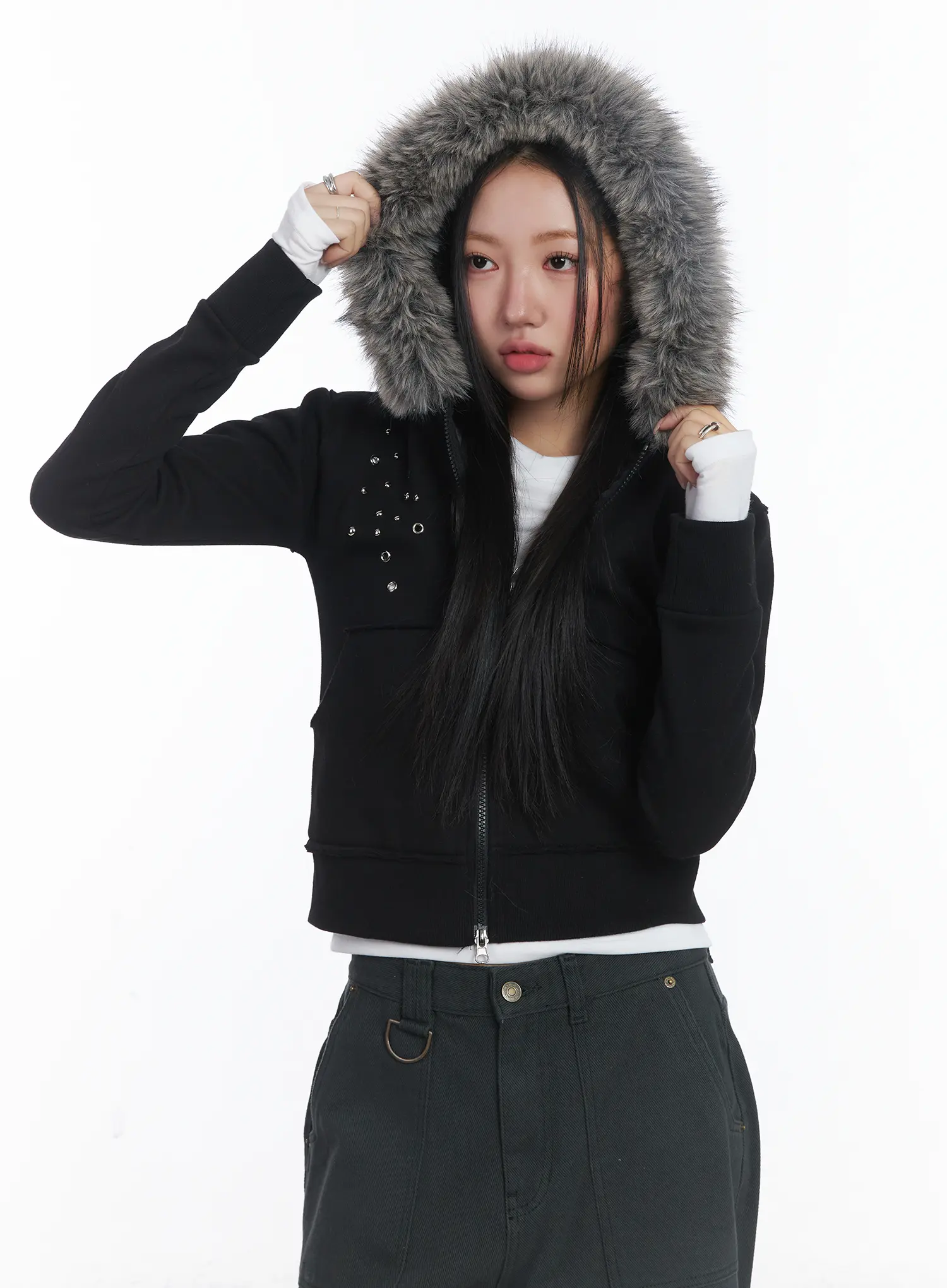 Faux Fur Fleece Eyelet Crop Hoodie CJ514 - Image 2
