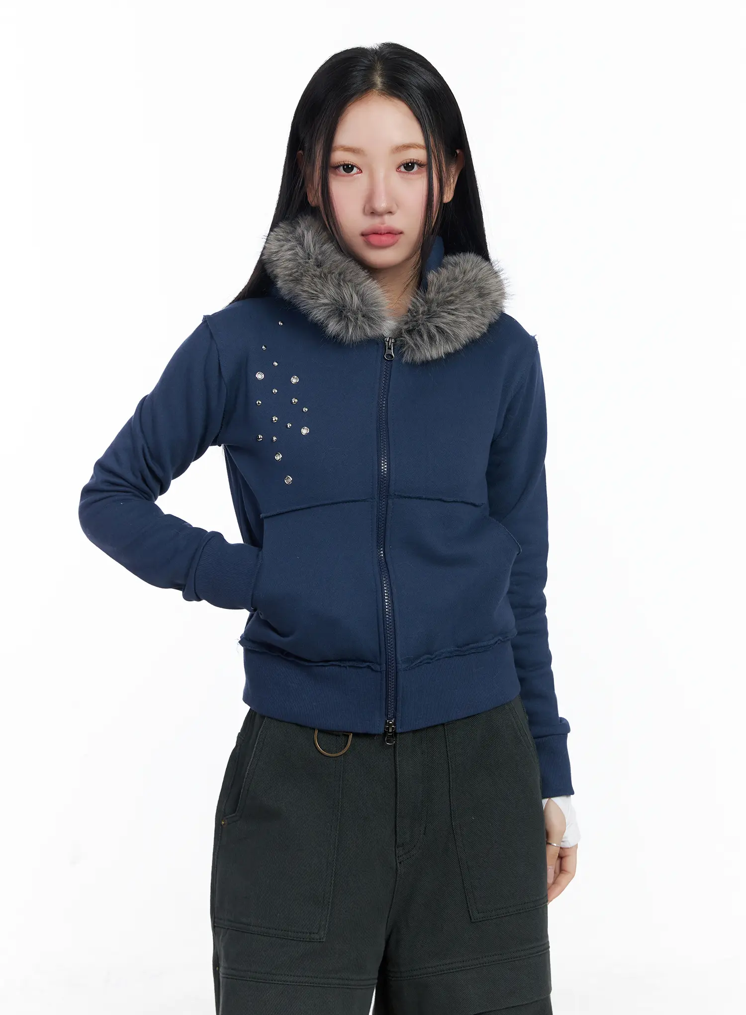 Faux Fur Fleece Eyelet Crop Hoodie CJ514 - Image 9