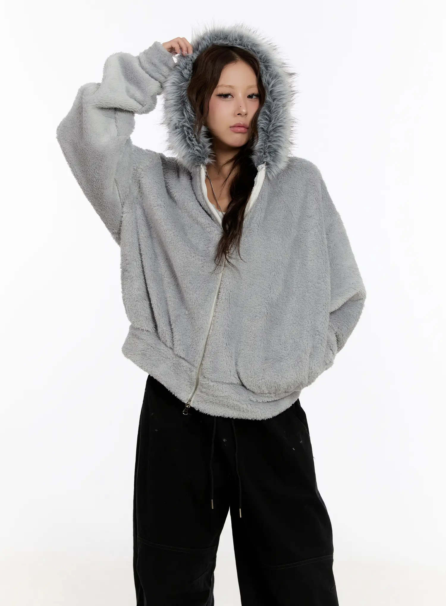 Faux Fur Fleece Zip-Up Hoodie CN527 - Image 2