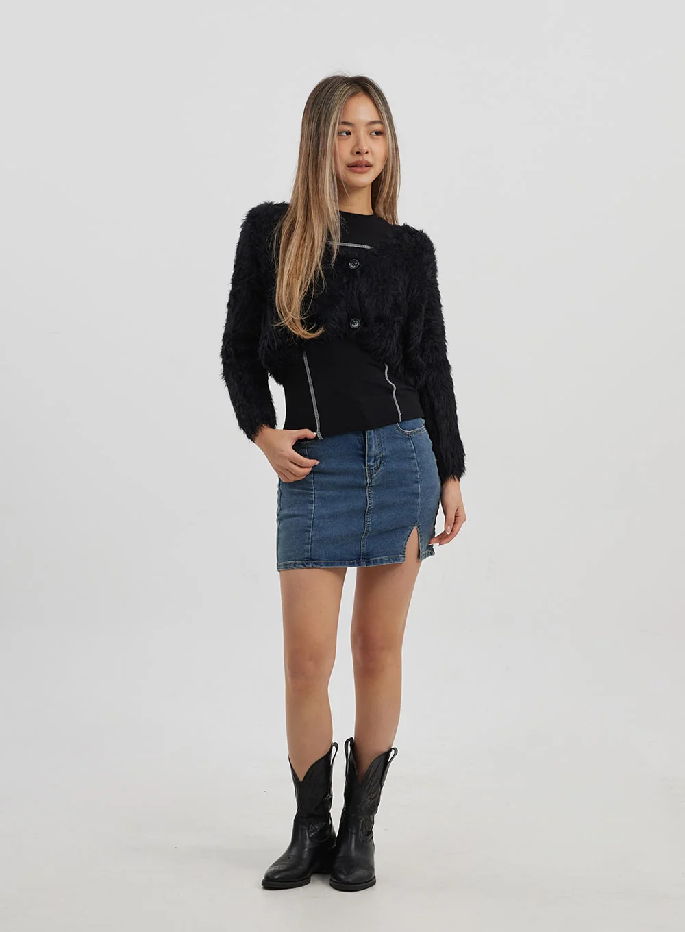 Faux Fur Two Button Cropped Cardigan CJ325 - Image 10