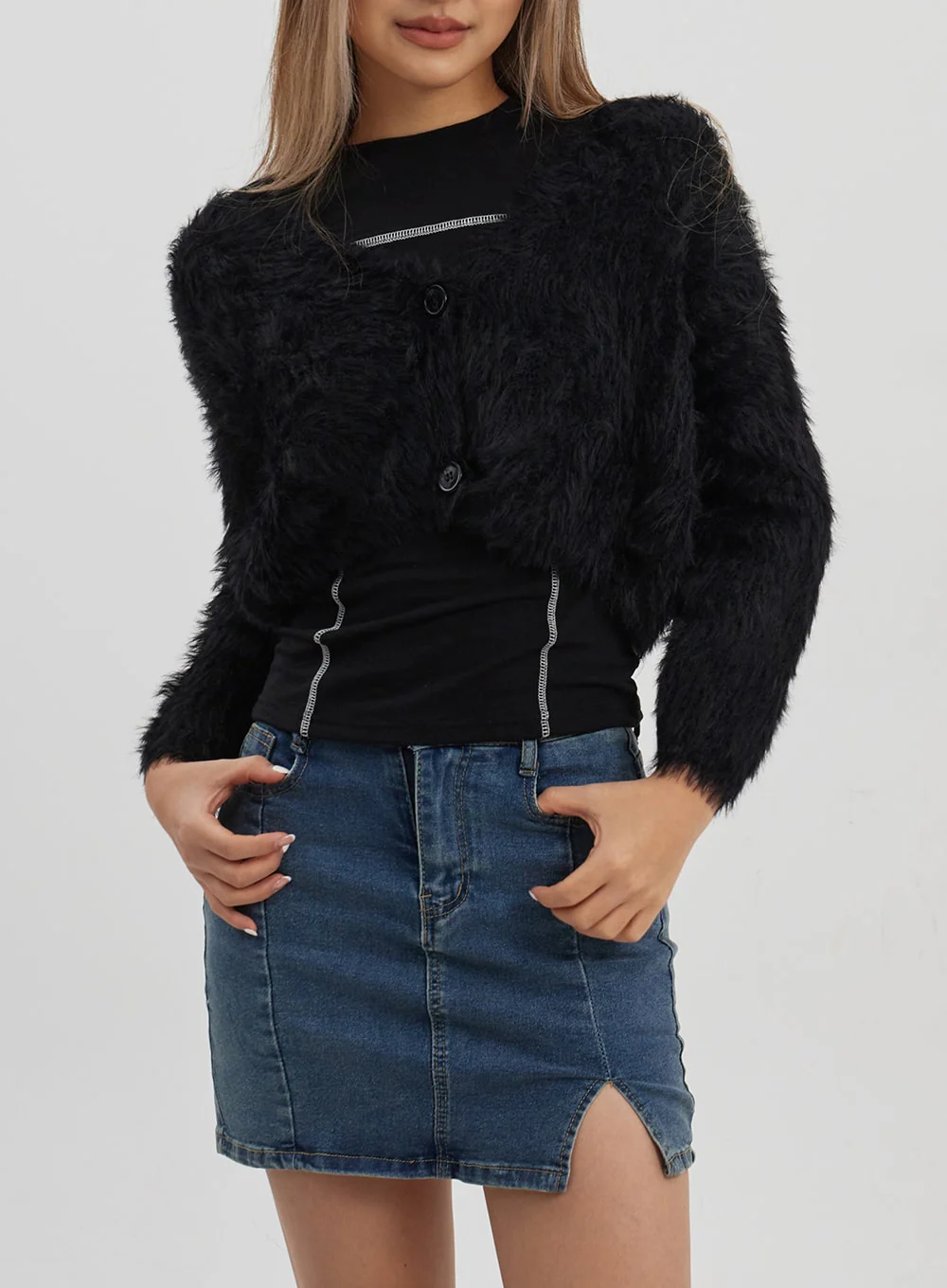 Faux Fur Two Button Cropped Cardigan CJ325 - Image 12
