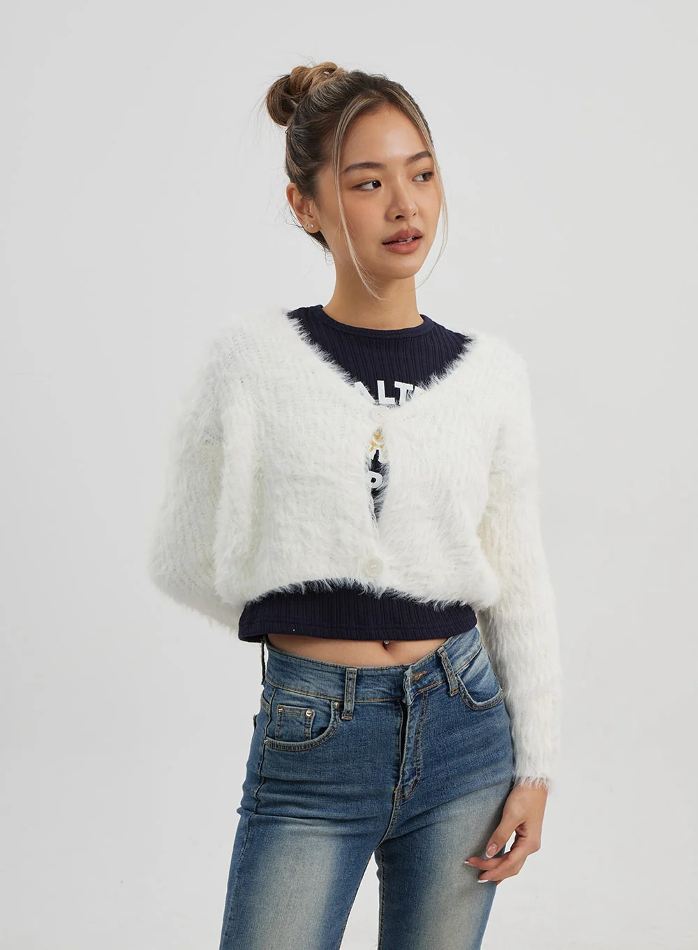 Faux Fur Two Button Cropped Cardigan CJ325 - Image 5