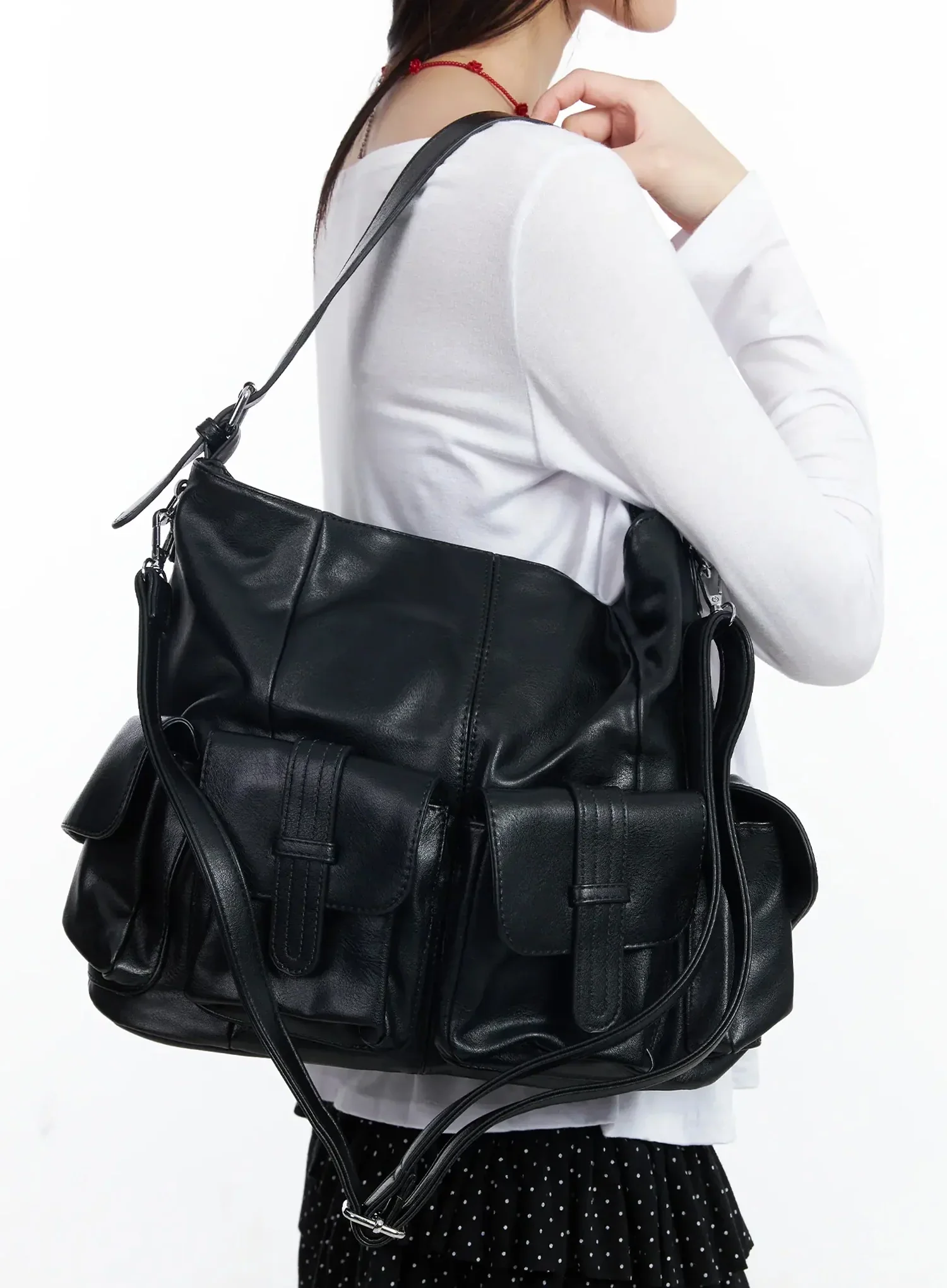 Faux Leather Two-Pocket Shoulder Bag IF505 - Image 2