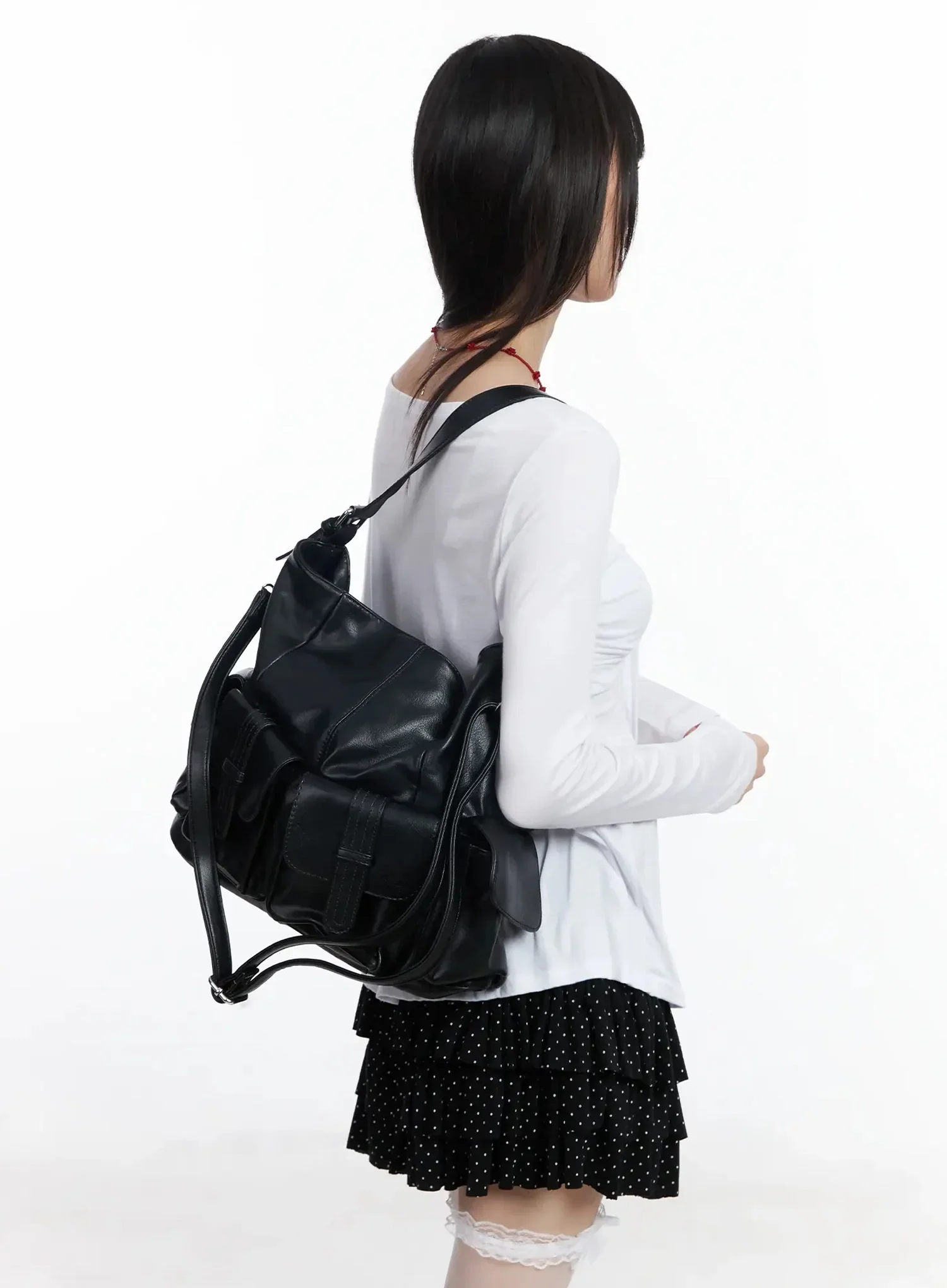 Faux Leather Two-Pocket Shoulder Bag IF505 - Image 3