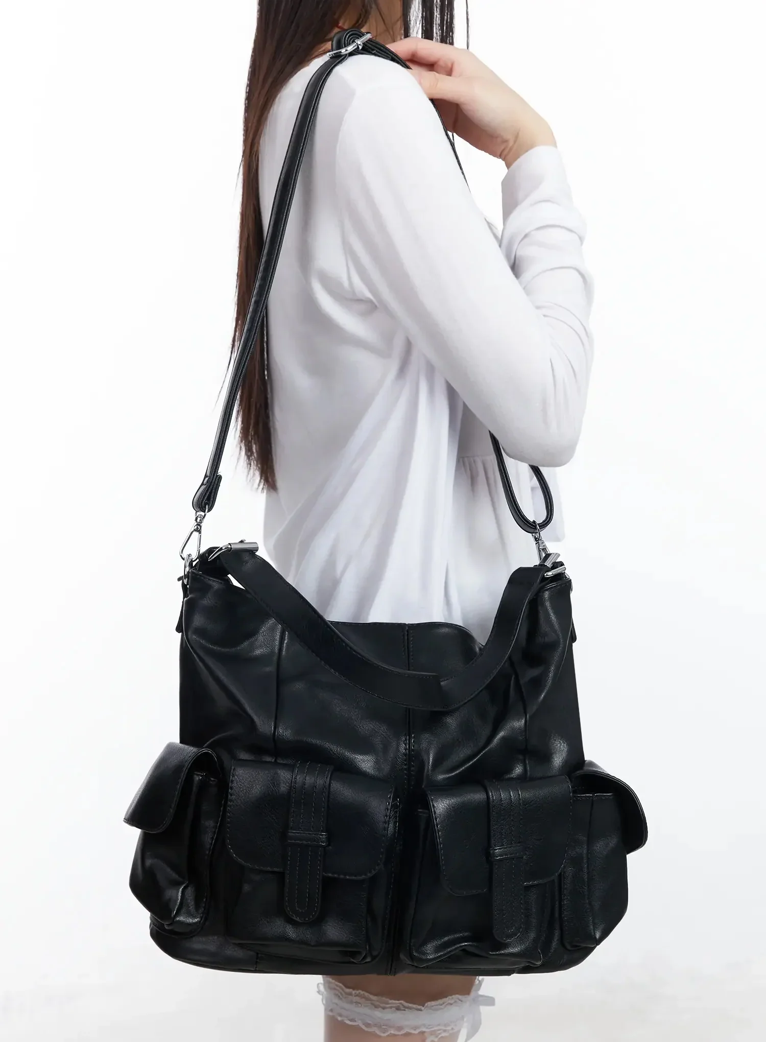 Faux Leather Two-Pocket Shoulder Bag IF505 - Image 6