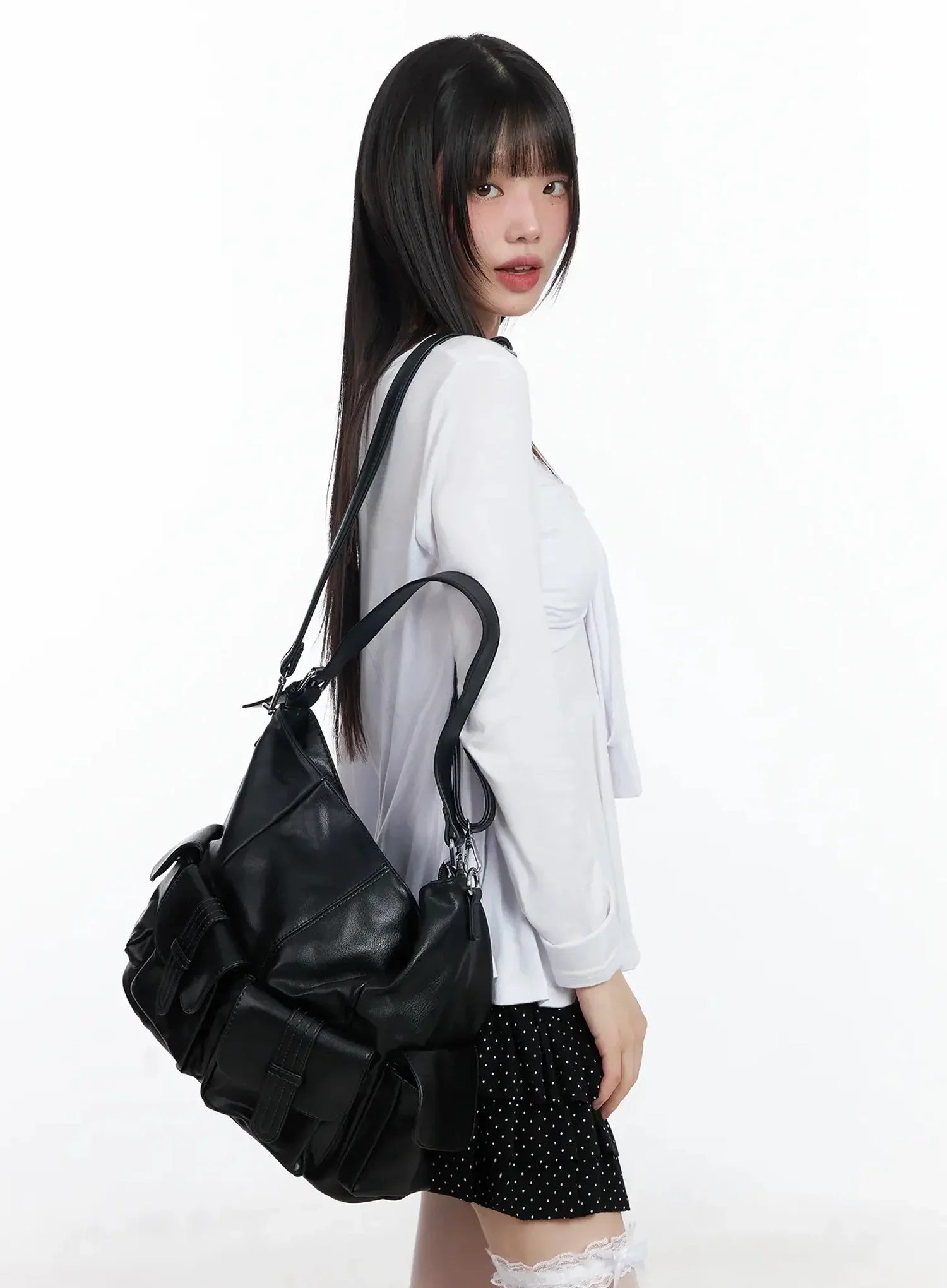 Faux Leather Two-Pocket Shoulder Bag IF505 - Image 8