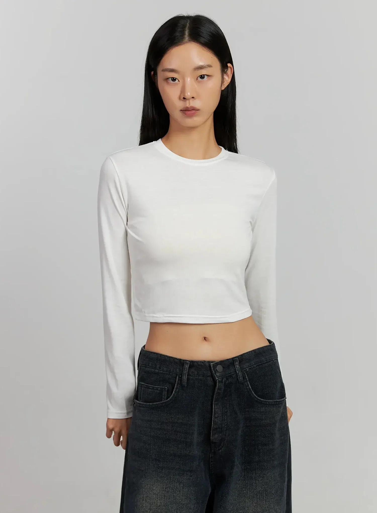 Fleece Crewneck Cropped Long Sleeve Tee IJ502 - Image 9