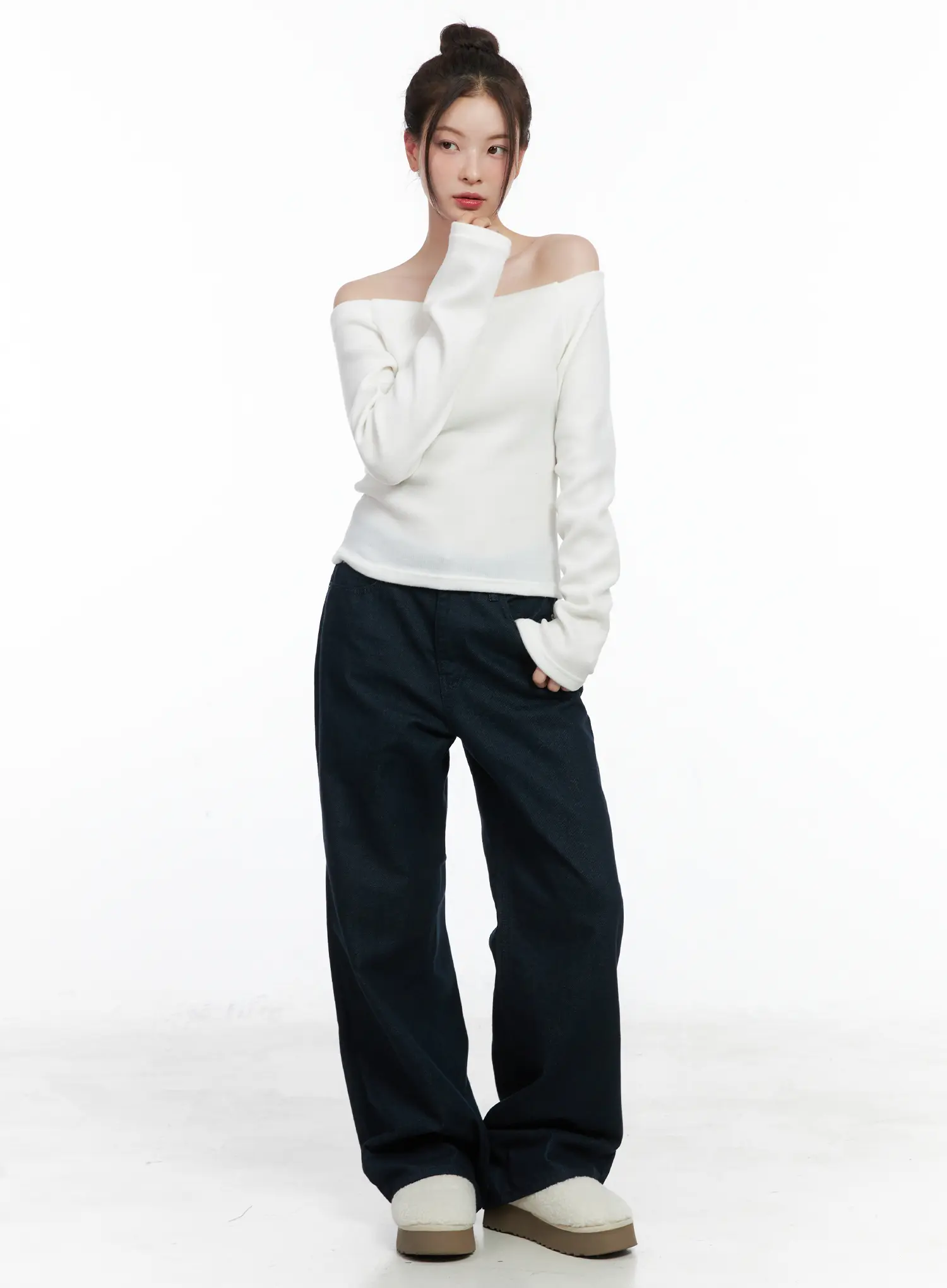Fleece Off-Shoulder Long Sleeve Top CN519 - Image 2