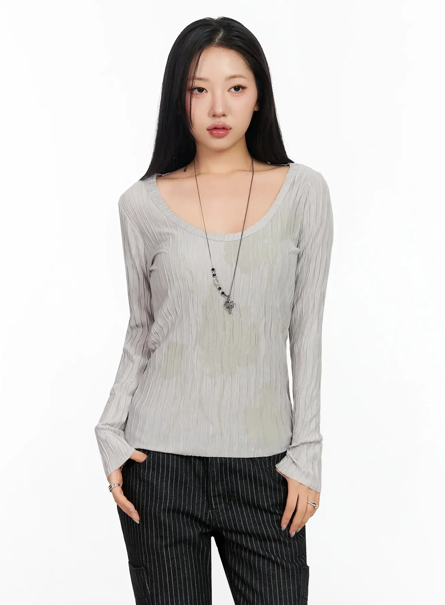 Floral Pleated U-Neck Long Sleeve CA513 - Image 13