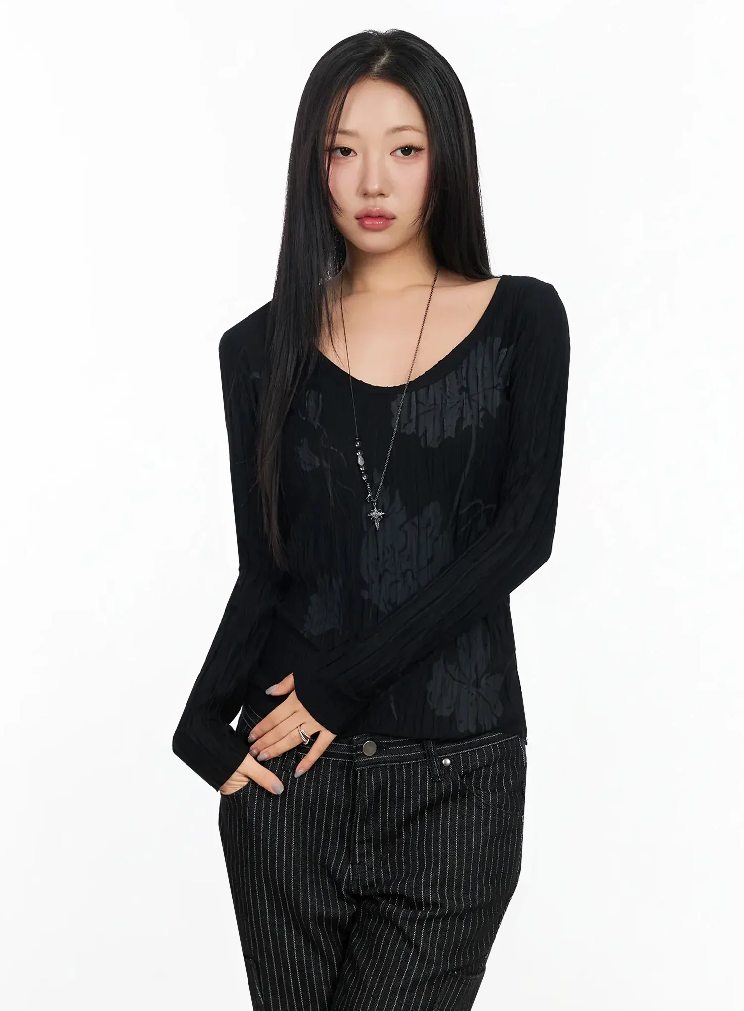 Floral Pleated U-Neck Long Sleeve CA513 - Image 14