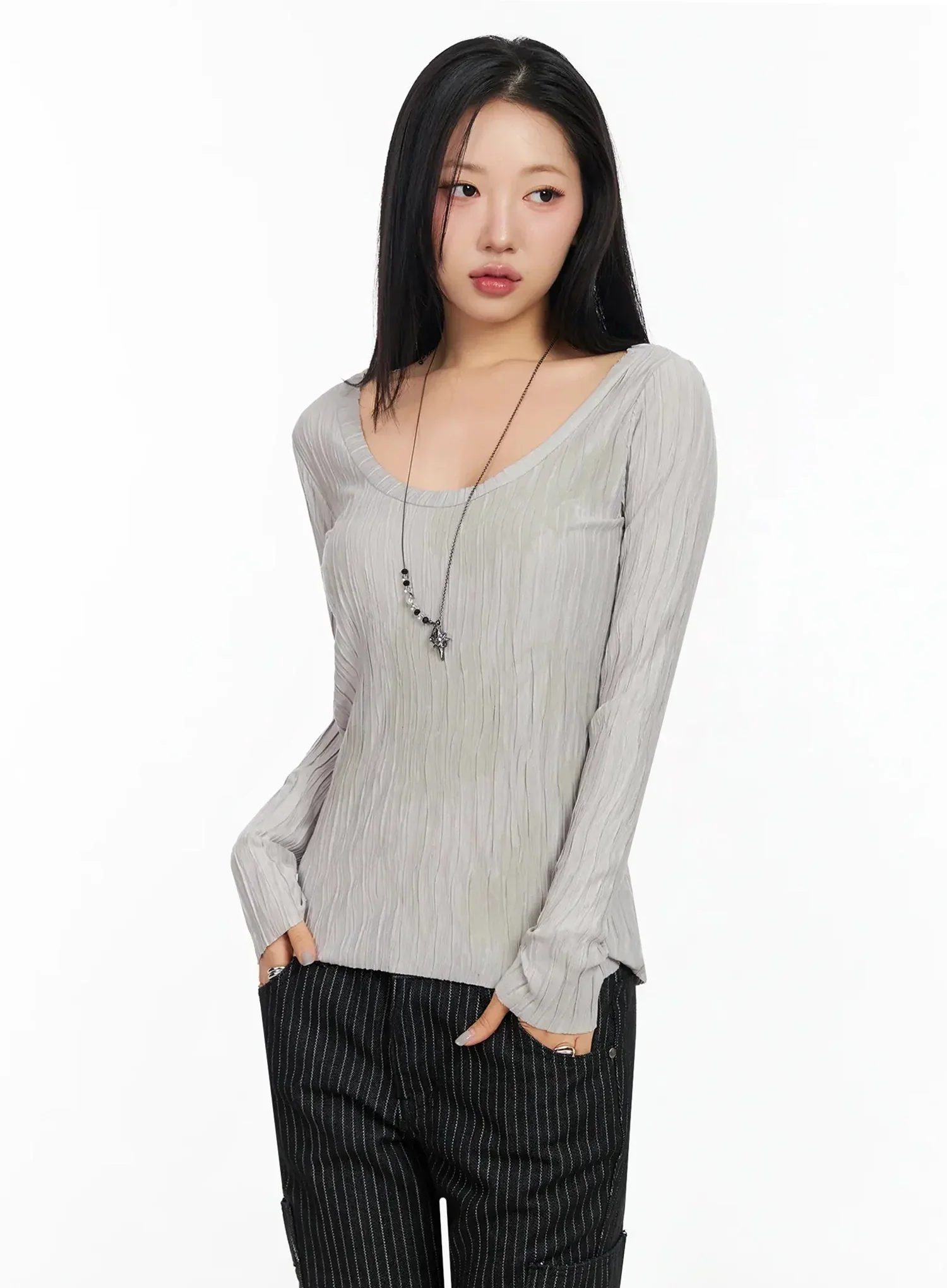 Floral Pleated U-Neck Long Sleeve CA513 - Image 2
