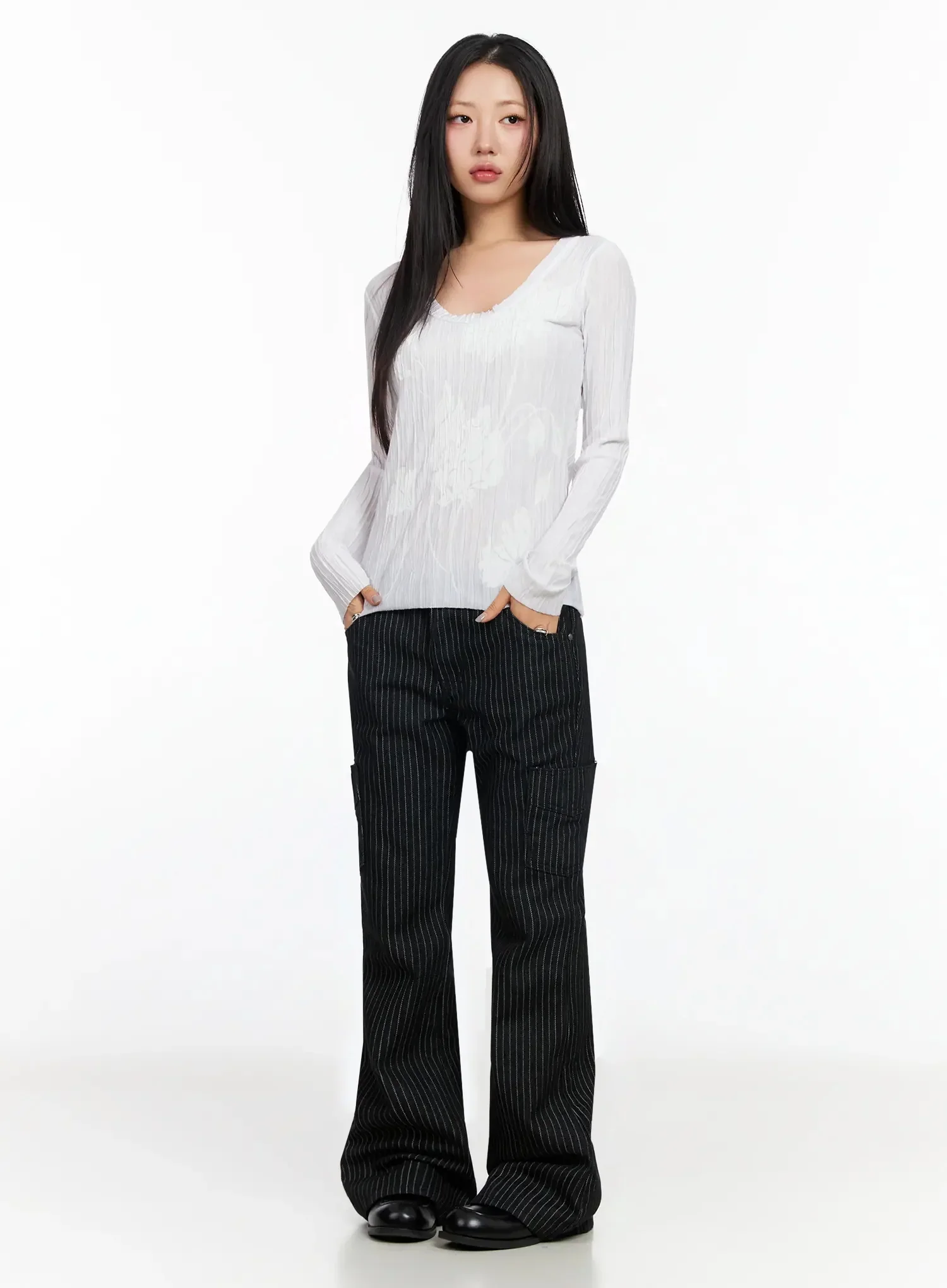 Floral Pleated U-Neck Long Sleeve CA513 - Image 6