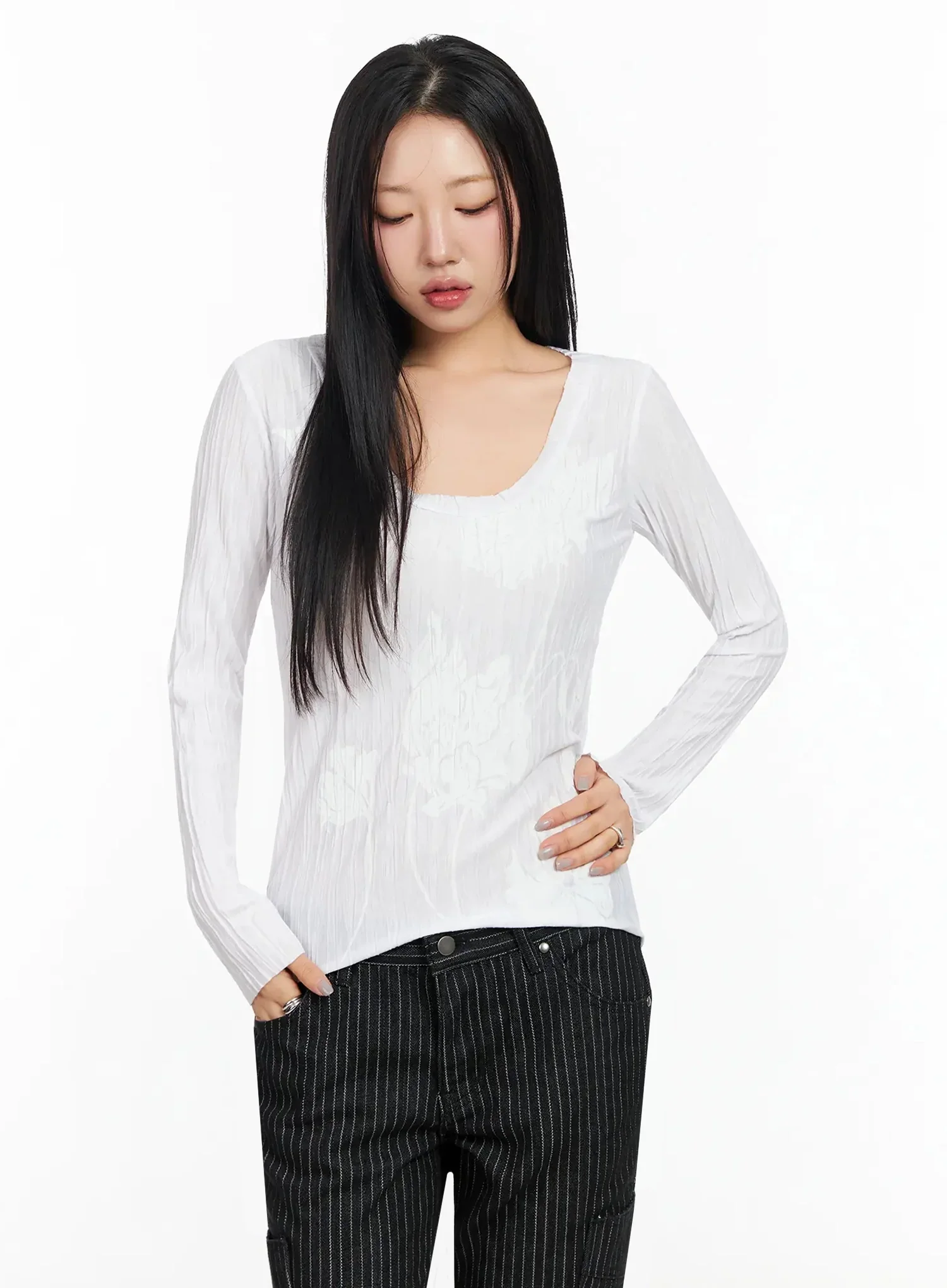 Floral Pleated U-Neck Long Sleeve CA513 - Image 7