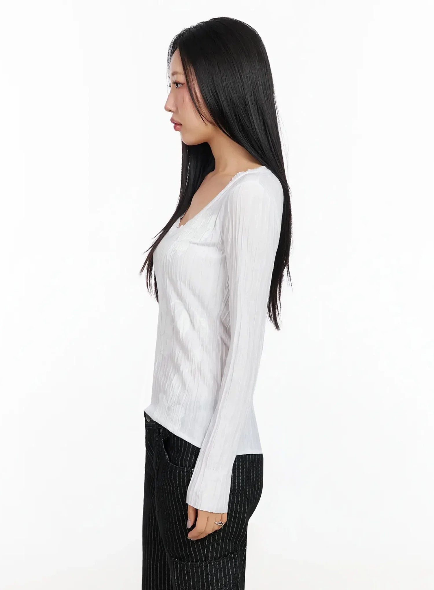 Floral Pleated U-Neck Long Sleeve CA513 - Image 8