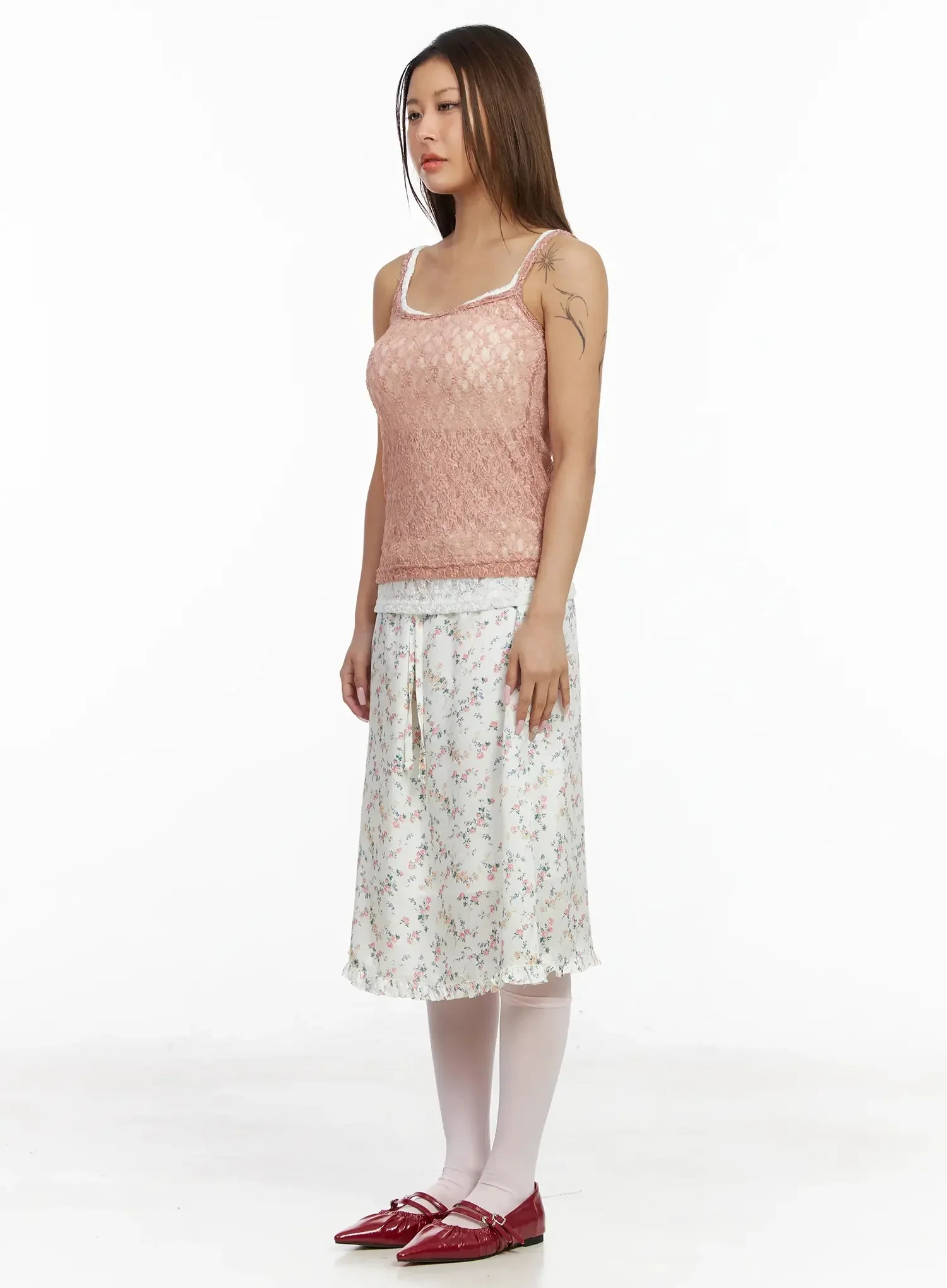 Floral Satin Ruffle Hem Midi Skirt IA527 - Image 8